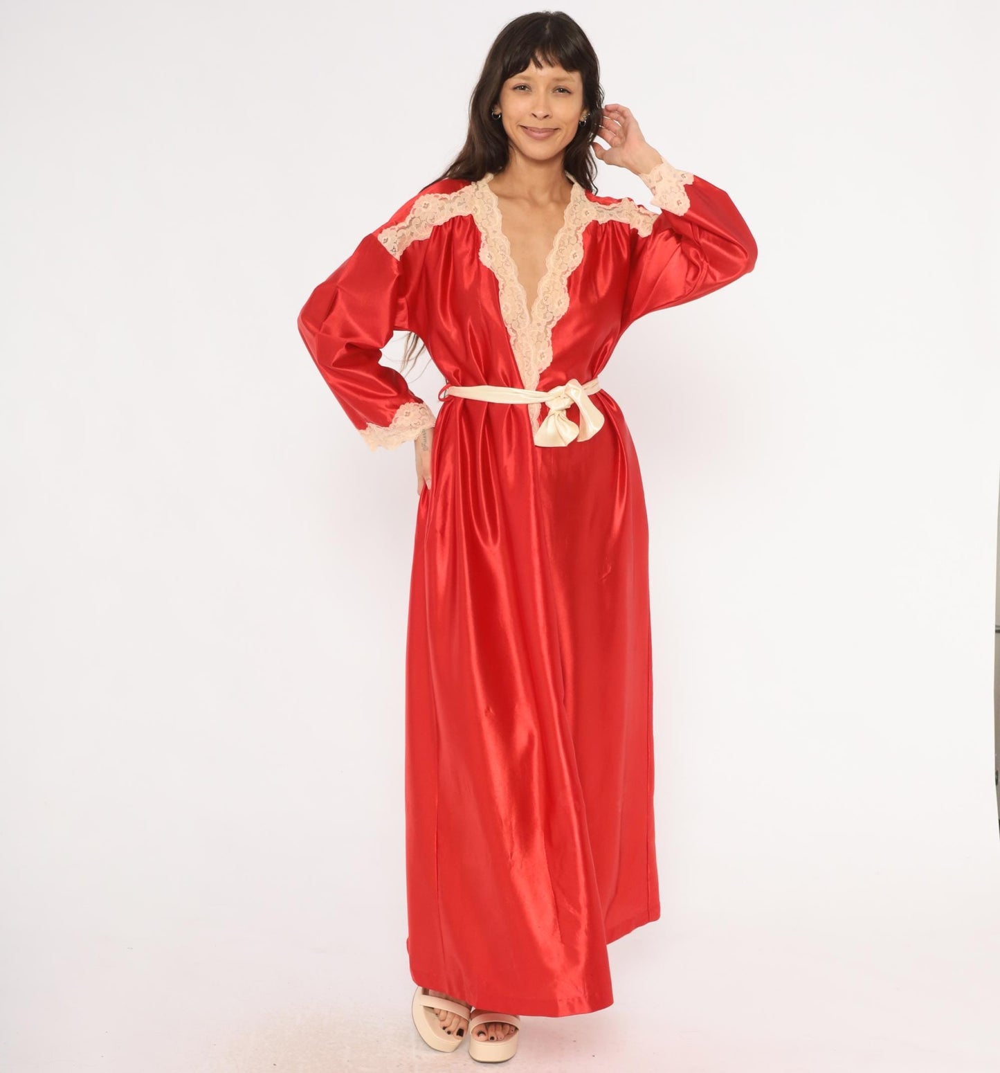 70s Tom Bezduda Barad Red Satin Robe Lace Trim Maxi Tie Front Medium