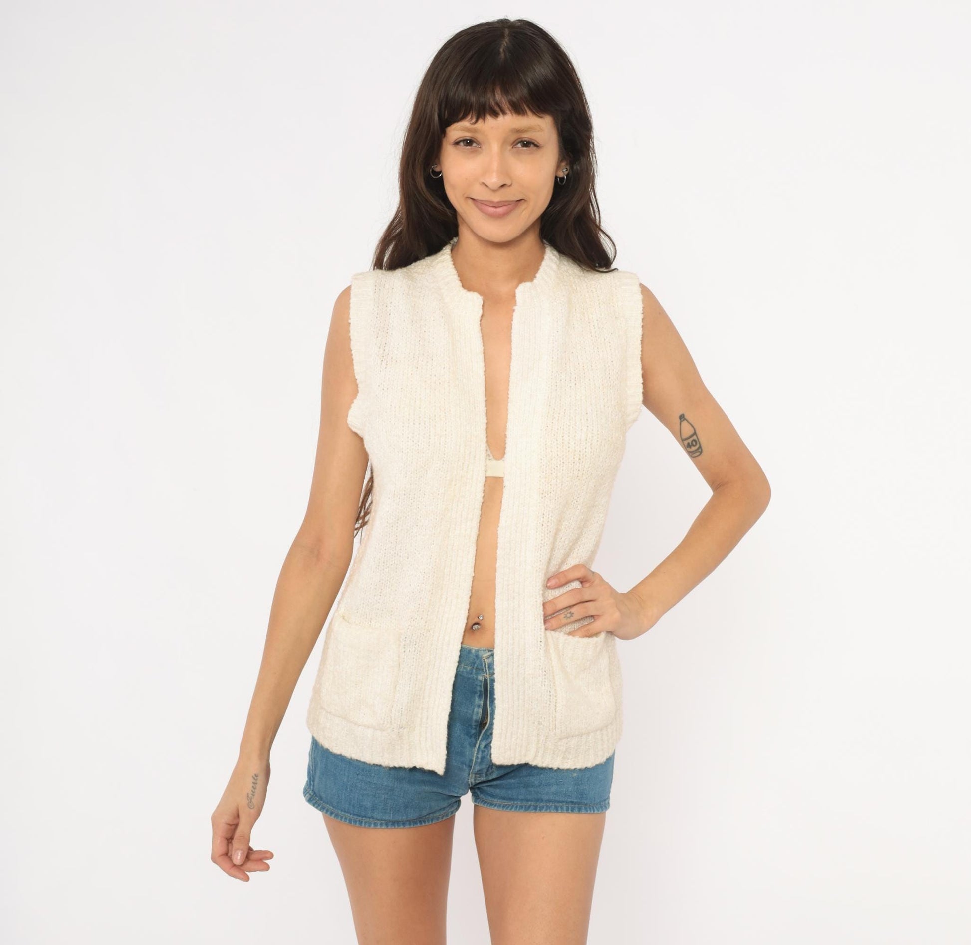 80s Moneta Cream Knit Sweater Vest Patch Pocket Cardigan Small