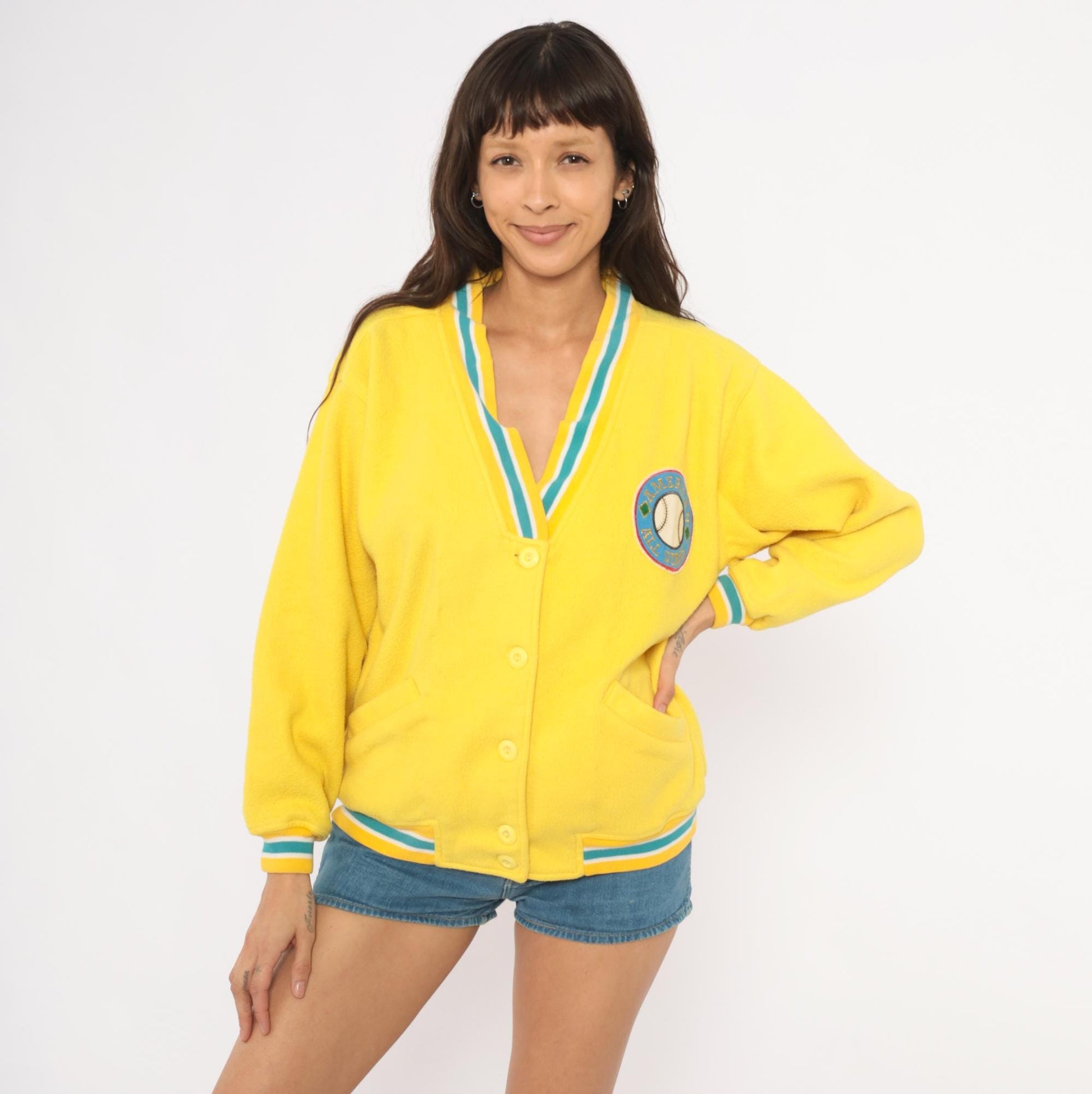 90s Energie Yellow Varsity Cardigan Baseball Patch Teal Striped Small S
