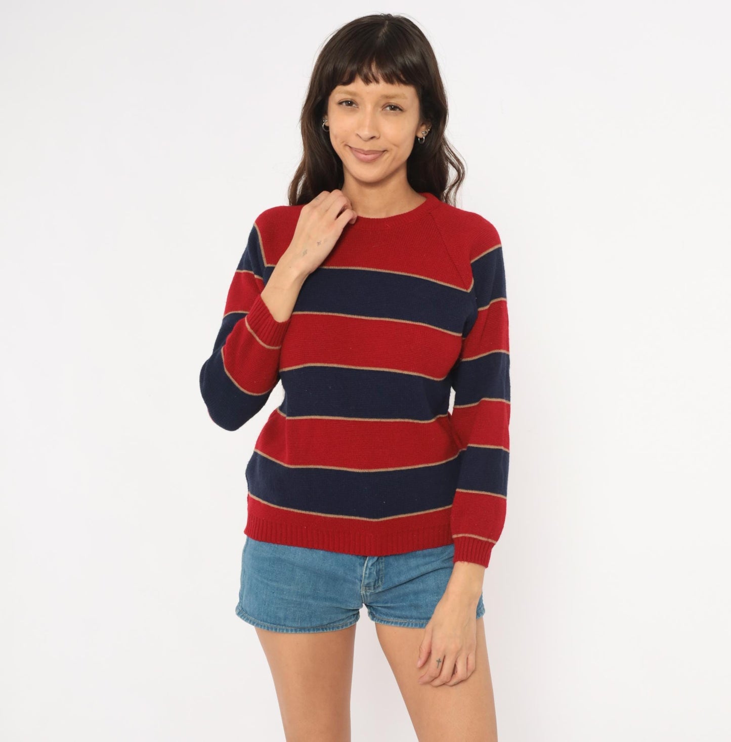 80s Striped Raglan Pullover Sweater Red Navy Burgundy Knit Small