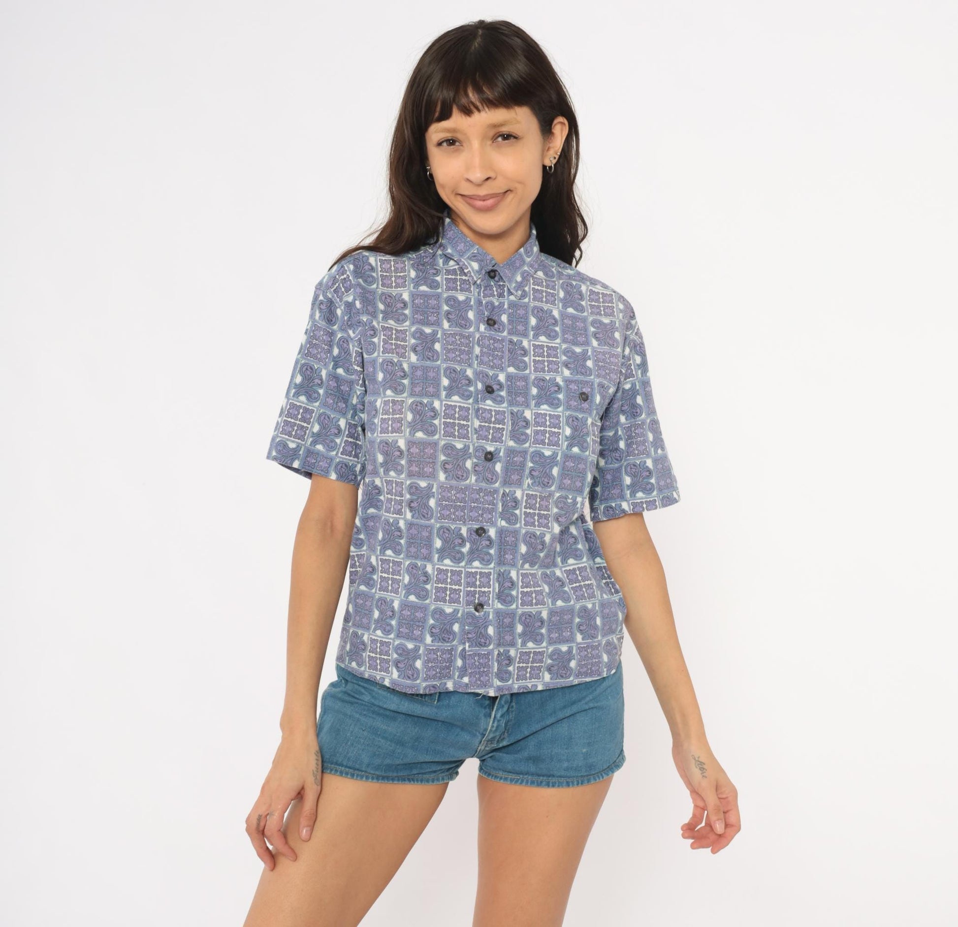 90s Tomorrow's Generation Tile Print Shirt Purple Paisley Cotton XS