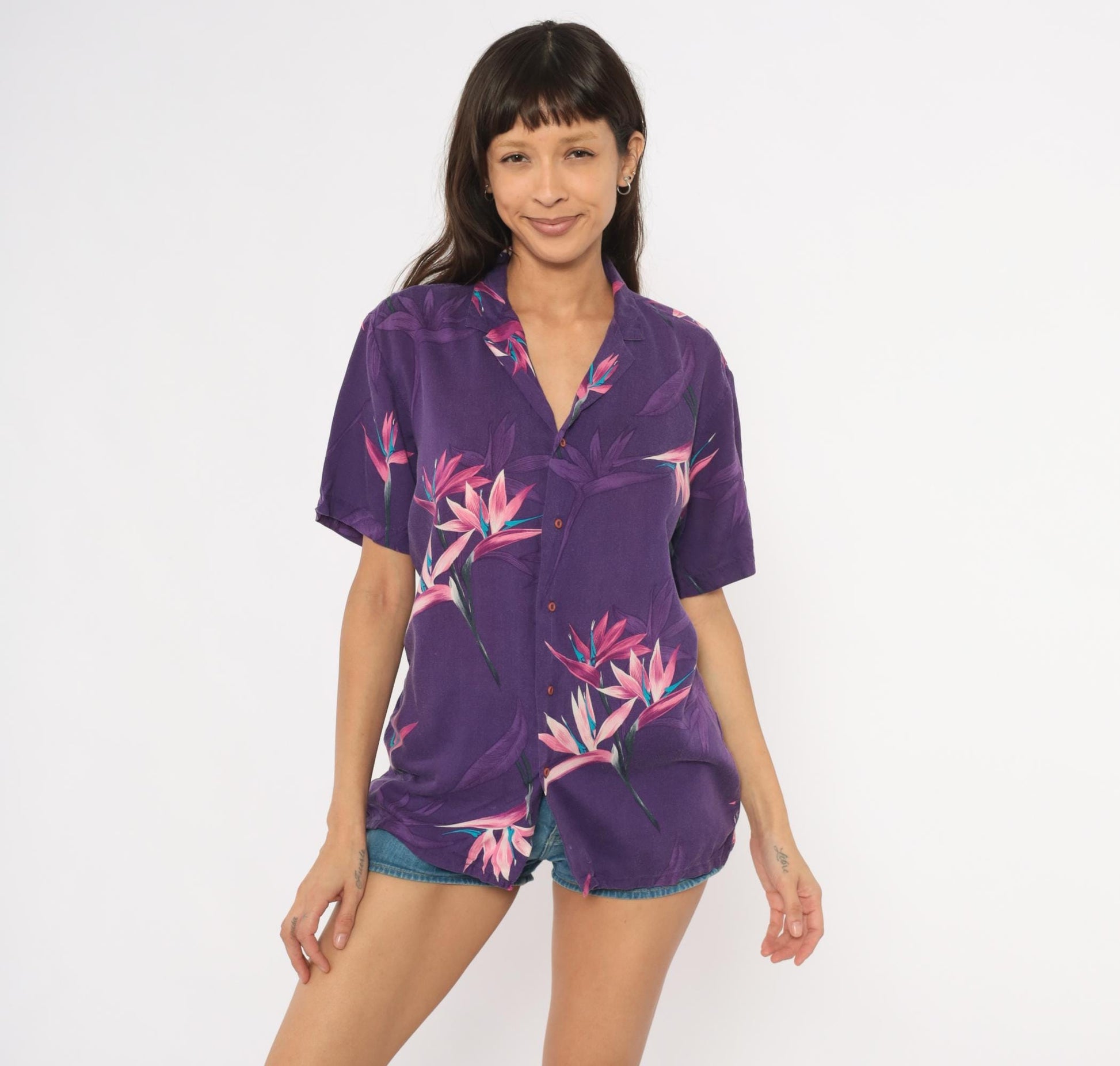 90s Hutspah Purple Hawaiian Shirt Bird Of Paradise Floral Camp Collar Medium M