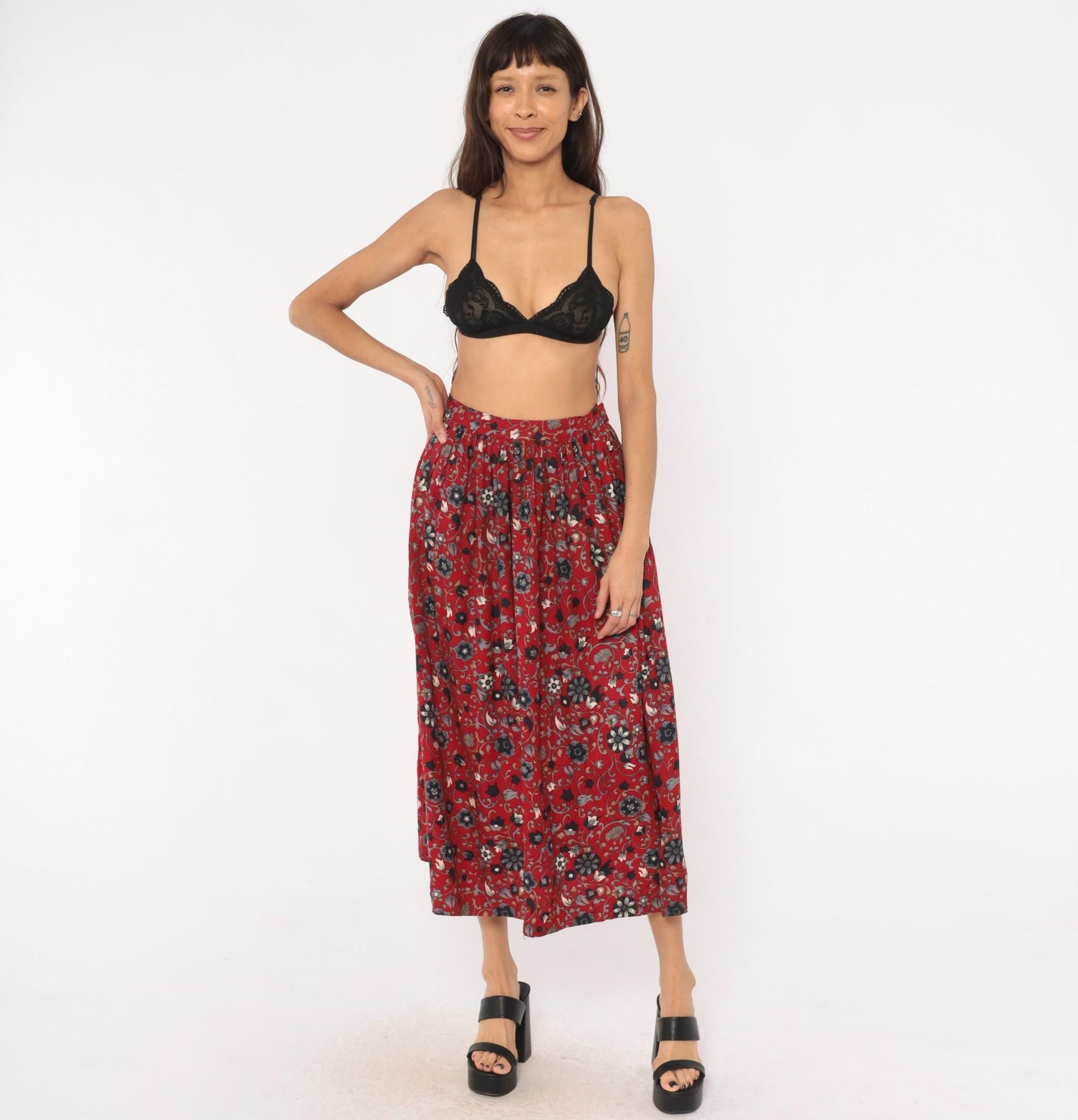 80s David Brooks Floral Midi Skirt Crimson Botanical Gathered Waist Small