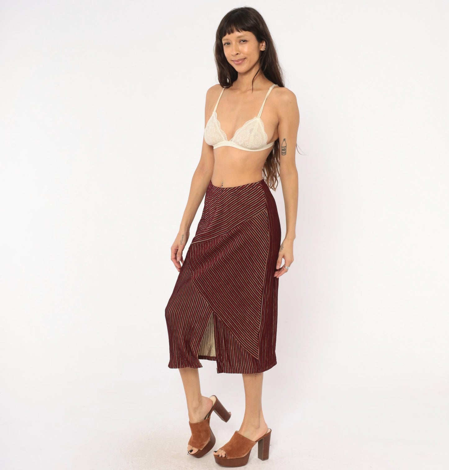 80s Gail Morgado Burgundy Pinstripe Midi Skirt Chevron Panel Small