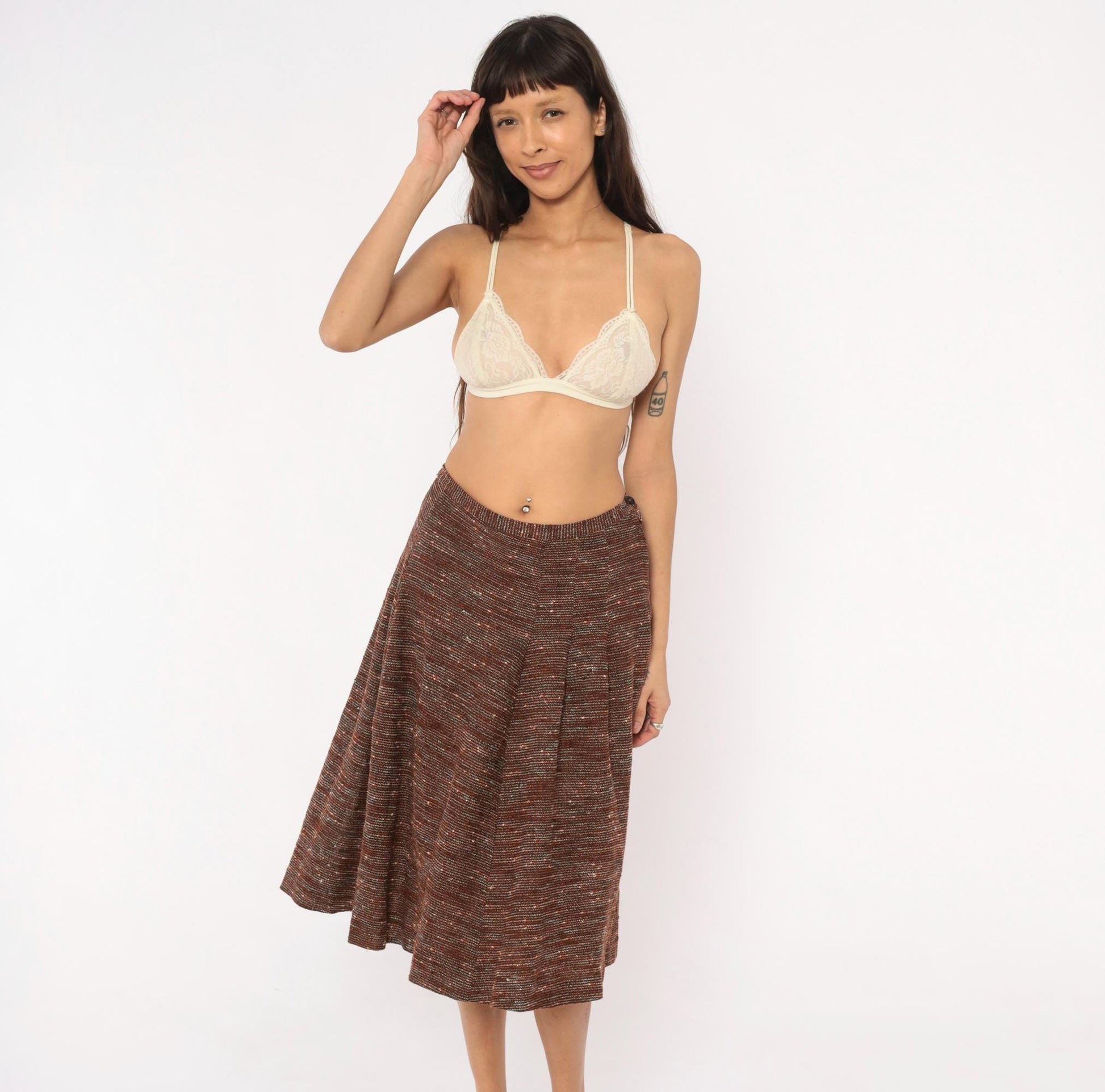 70s Brown Tweed Knit A-Line Midi Skirt Speckled Earth Tone Small