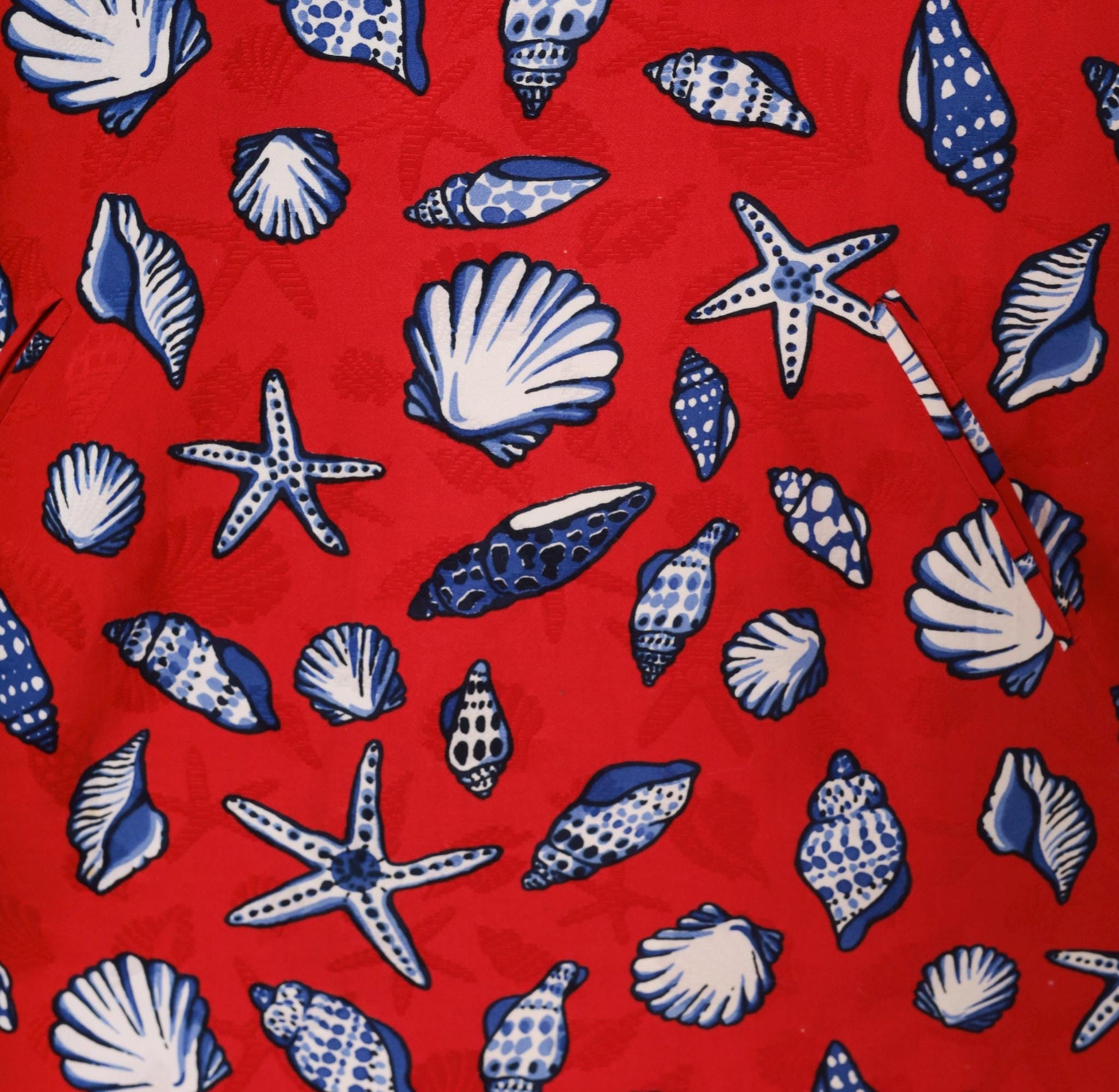 70s Bill Blass Seashell Starfish Print Shift Dress Red Cotton Lace-Up Large L