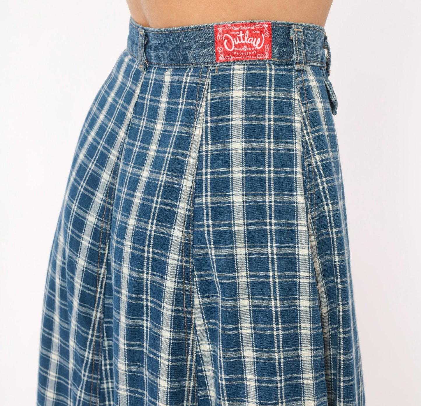 90s Outlaw Blue Plaid Cotton Midi Skirt Button Front XS