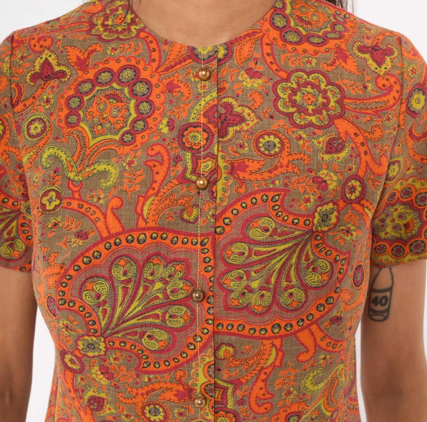 60s Junior West California Paisley Shift Dress Orange Cotton Small