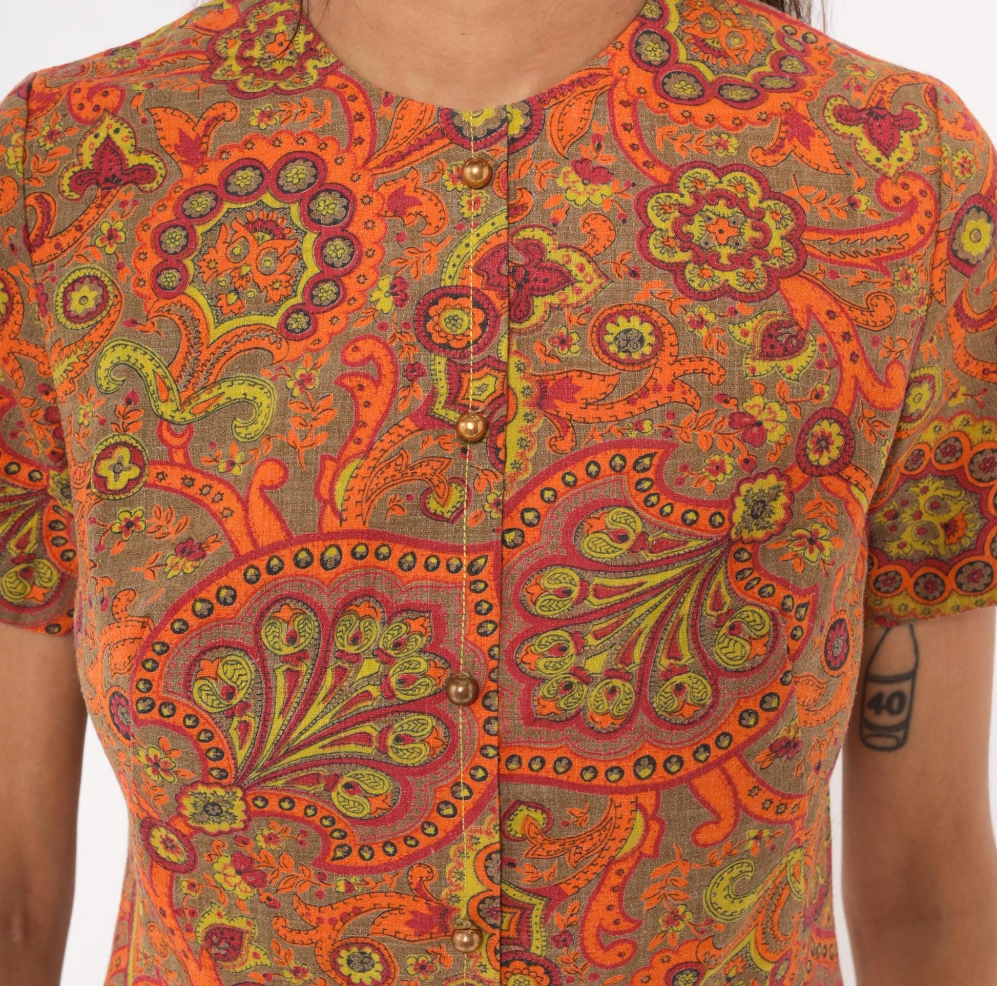 60s Junior West California Paisley Shift Dress Orange Cotton Small