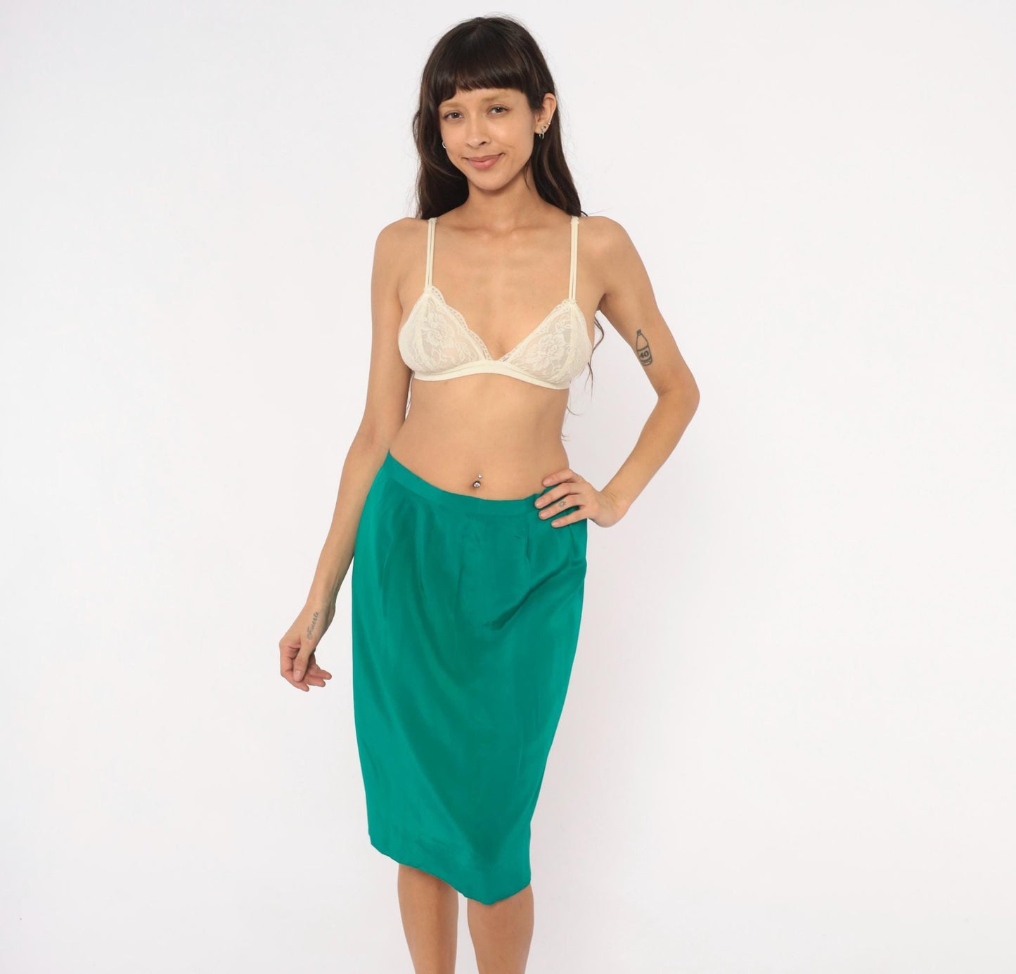 90s Teal Pencil Skirt Emerald Green Pleated A-Line Knee-Length Medium M