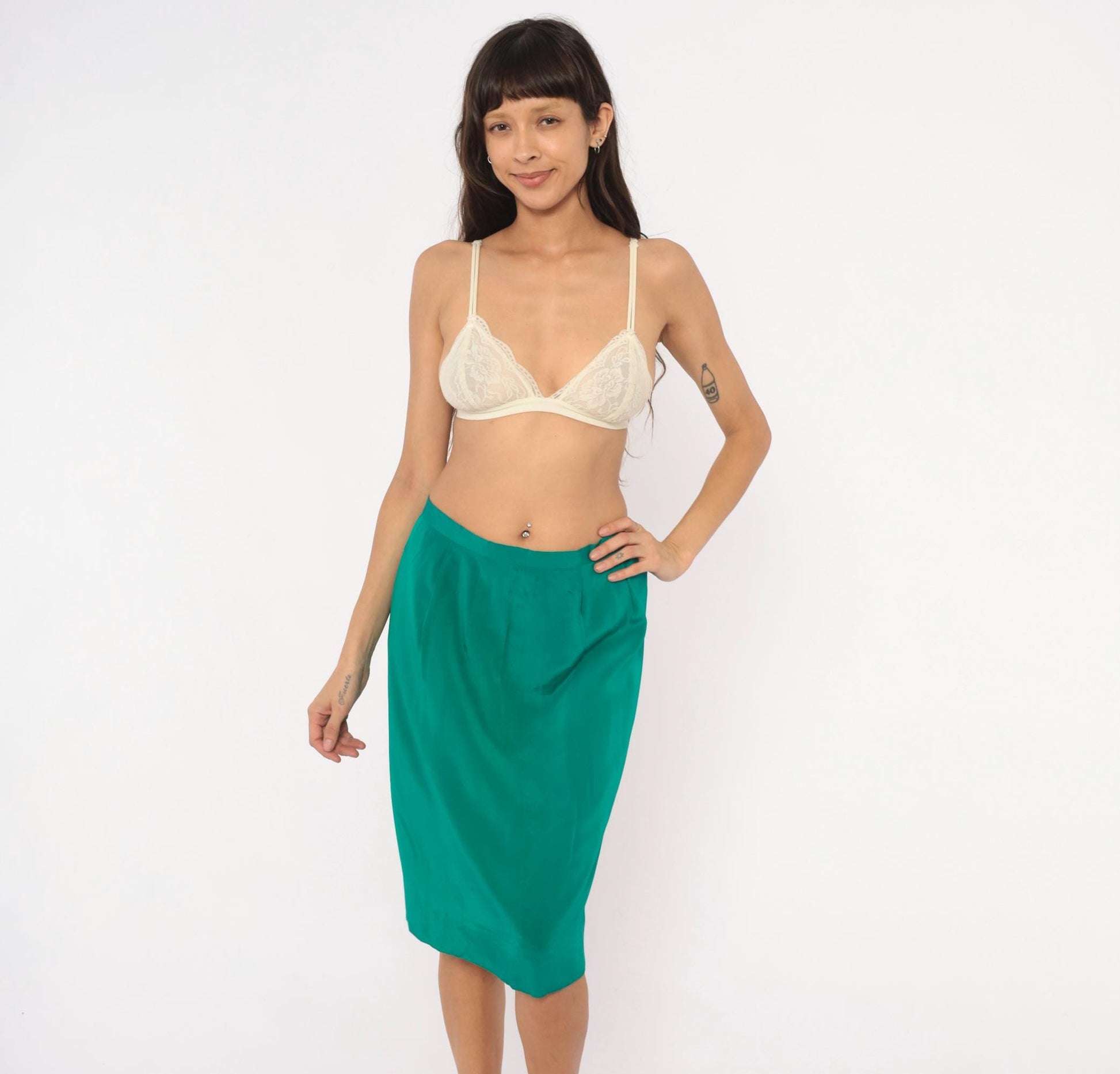 90s Teal Pencil Skirt Emerald Green Pleated A-Line Knee-Length Medium M