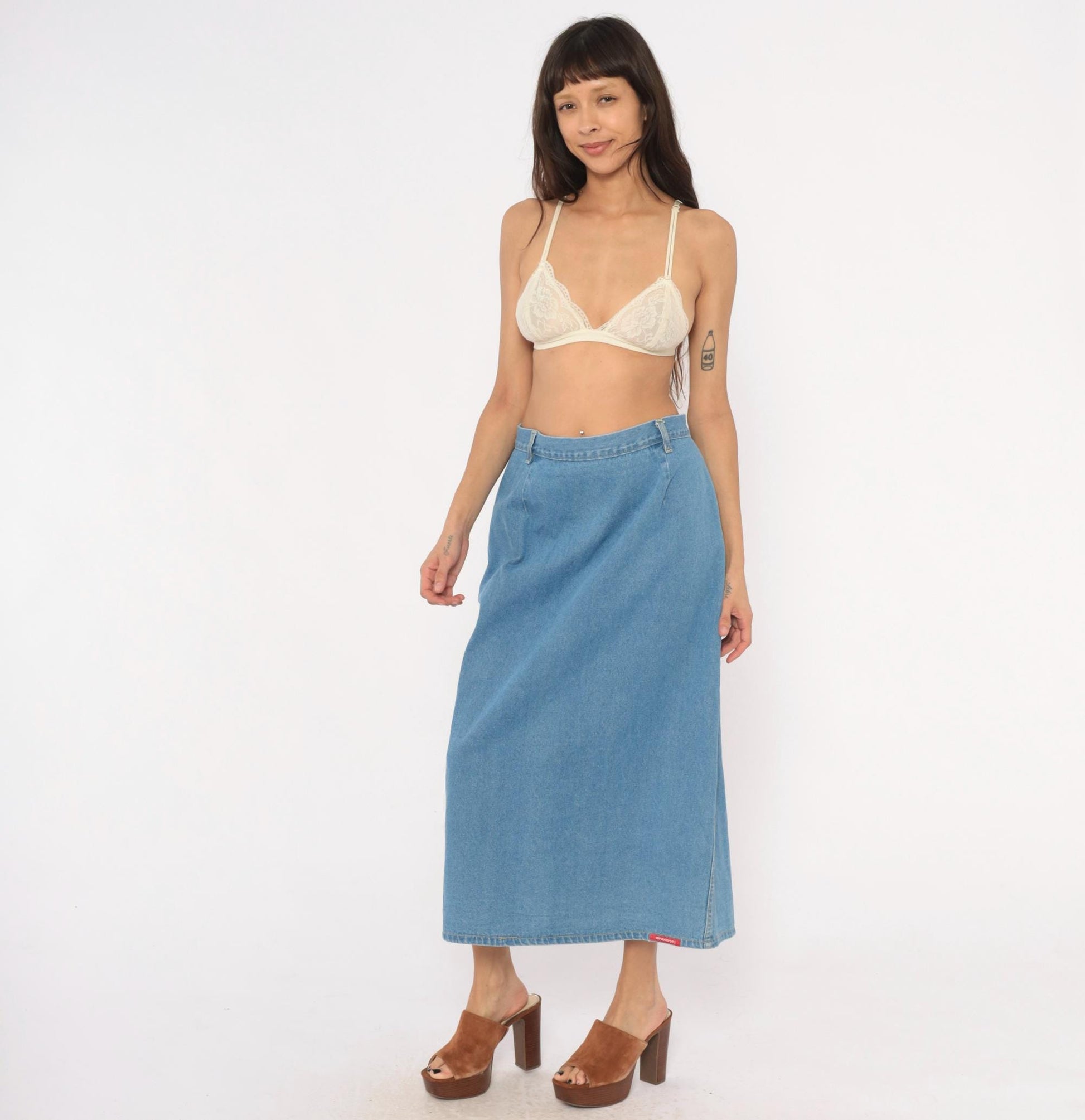 90s No Excuses Denim Maxi Skirt Light Blue A-Line High Waist Cotton Large L
