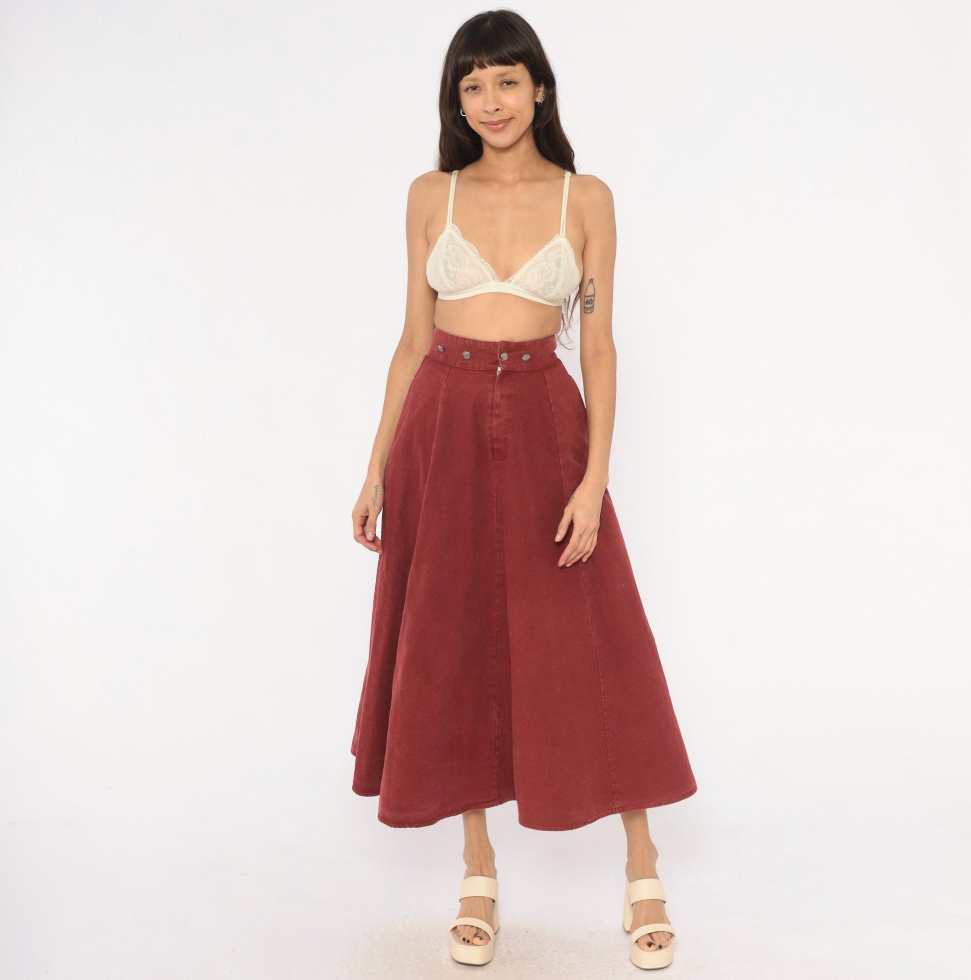 90s Miller Stockman Burgundy Cotton Circle Skirt High Waist Midi Extra Small XS