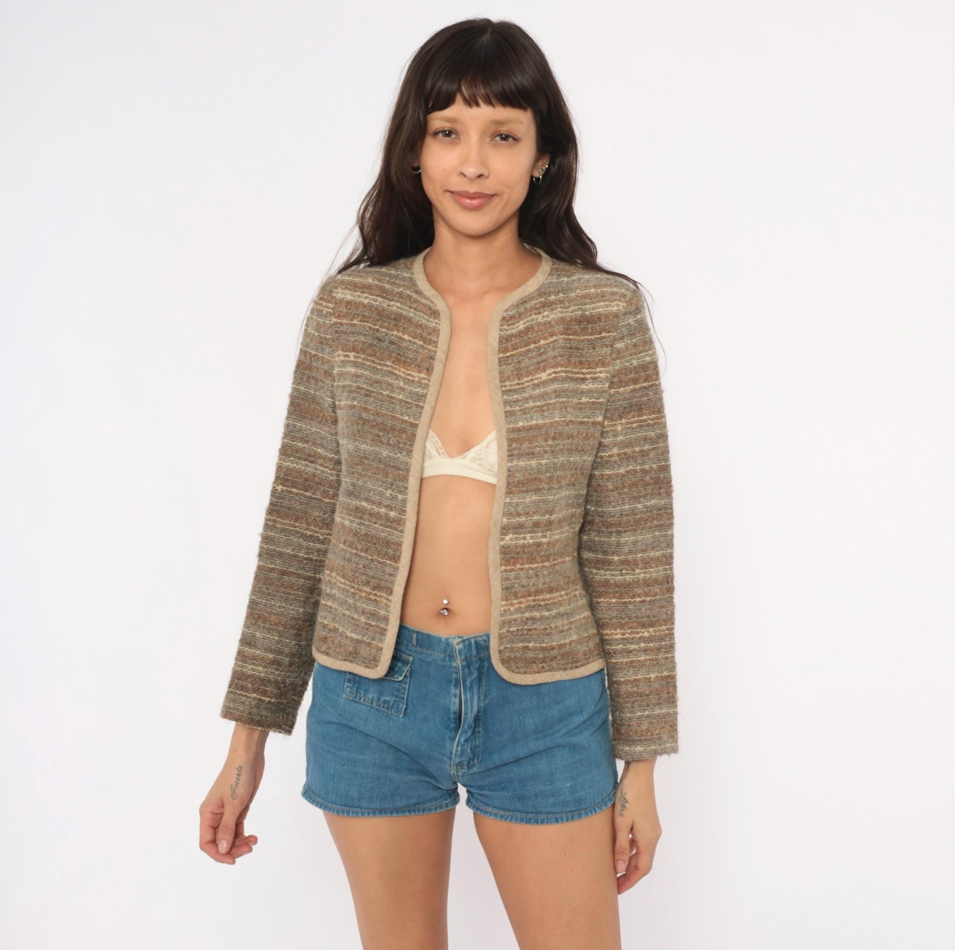 90s DW3 Bouclé Cardigan Tan Brown Cream Striped Wool Blend Cropped Small