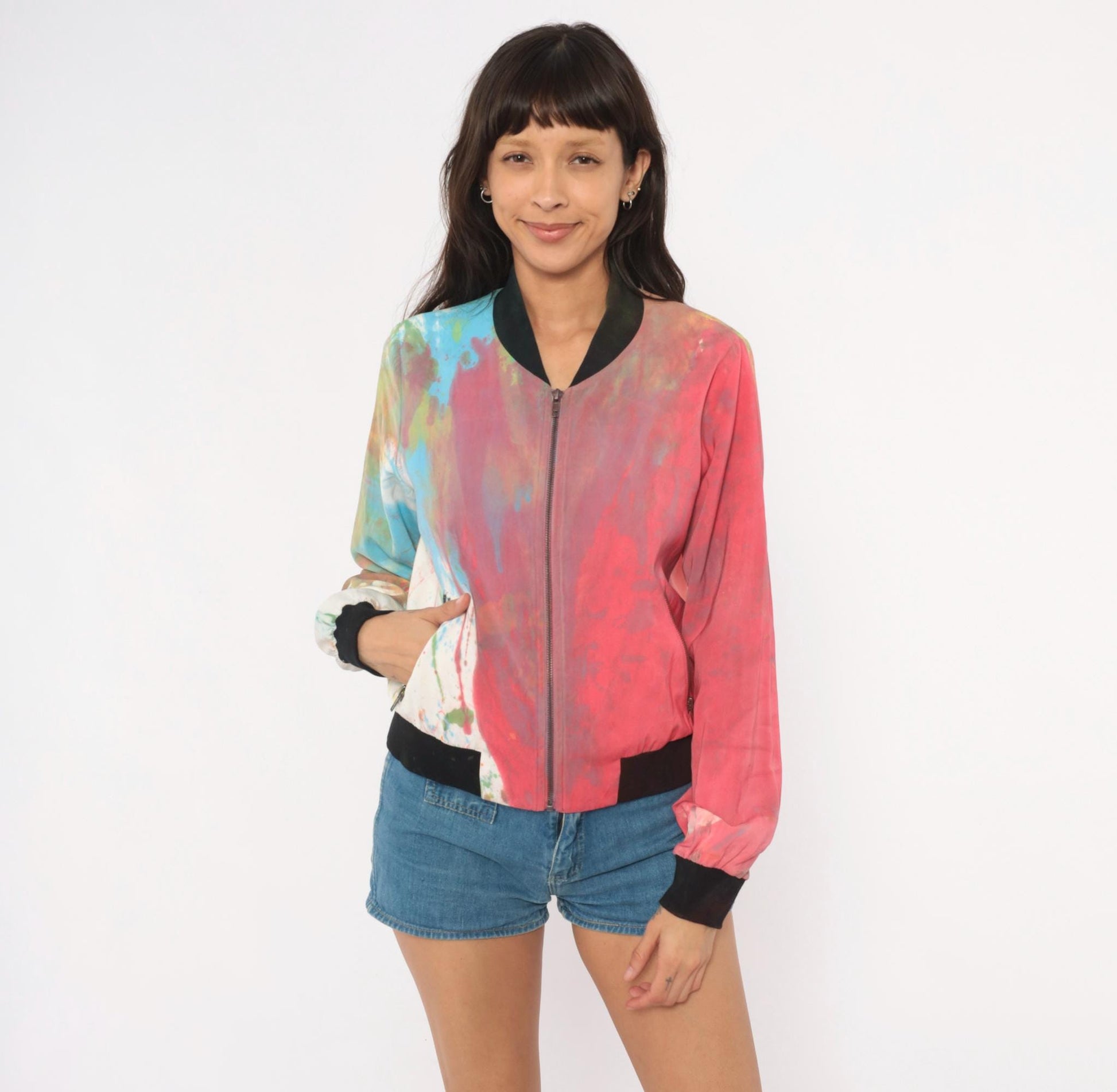 2000s Mural Paint Splatter Bomber Jacket Multicolor Abstract Zip Front Medium