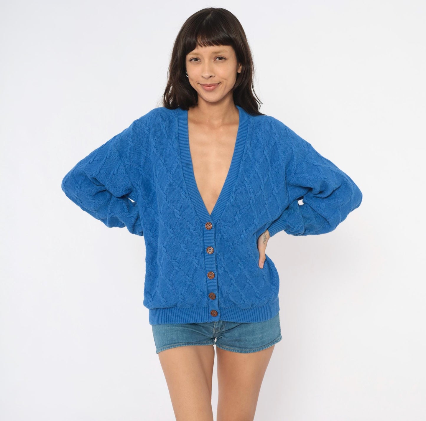 80s Pendleton Cable Knit Cardigan Blue Cotton V Neck Wooden Buttons Medium M