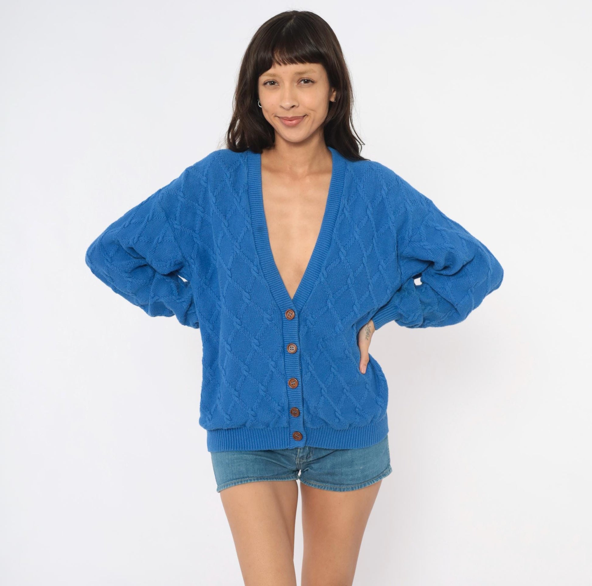 80s Pendleton Cable Knit Cardigan Blue Cotton V Neck Wooden Buttons Medium M