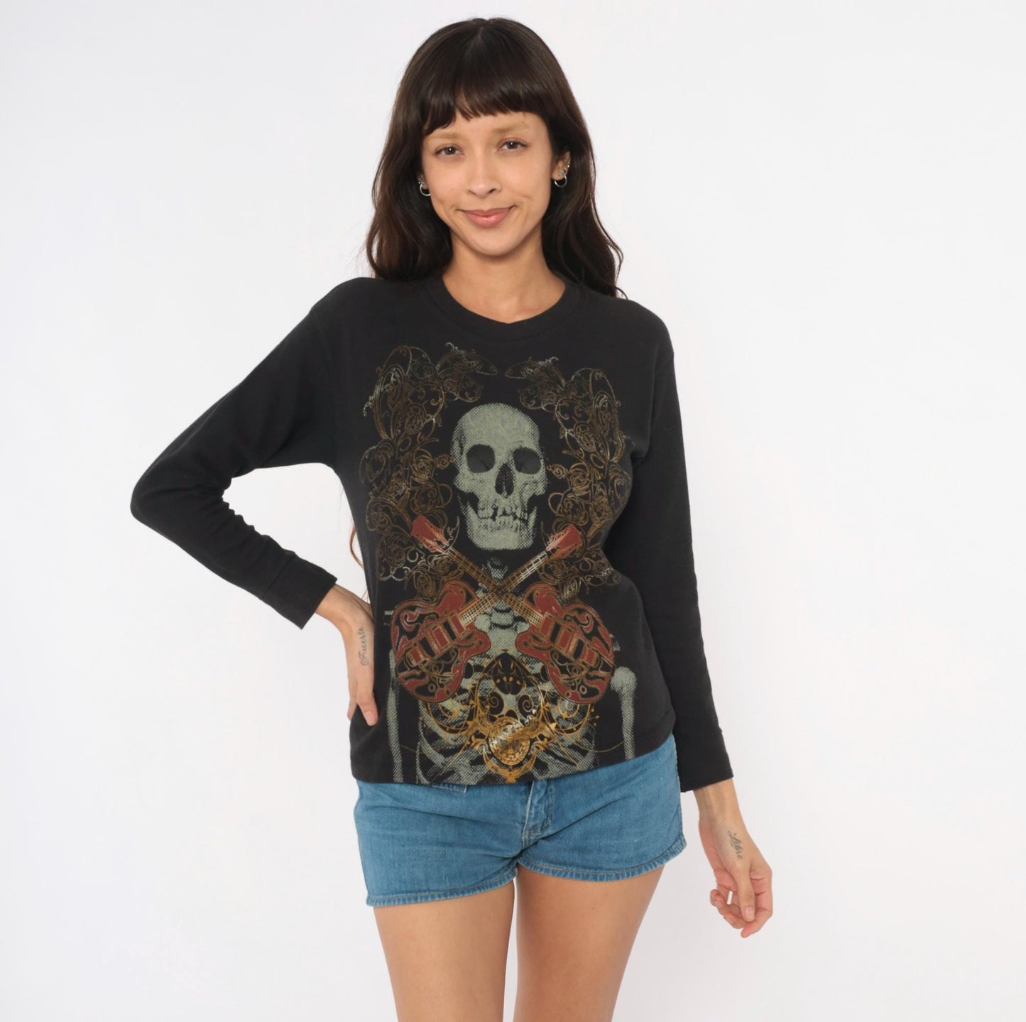 Y2K Skull Crossbones Guitar Long Sleeve Thermal Top Black Medium M