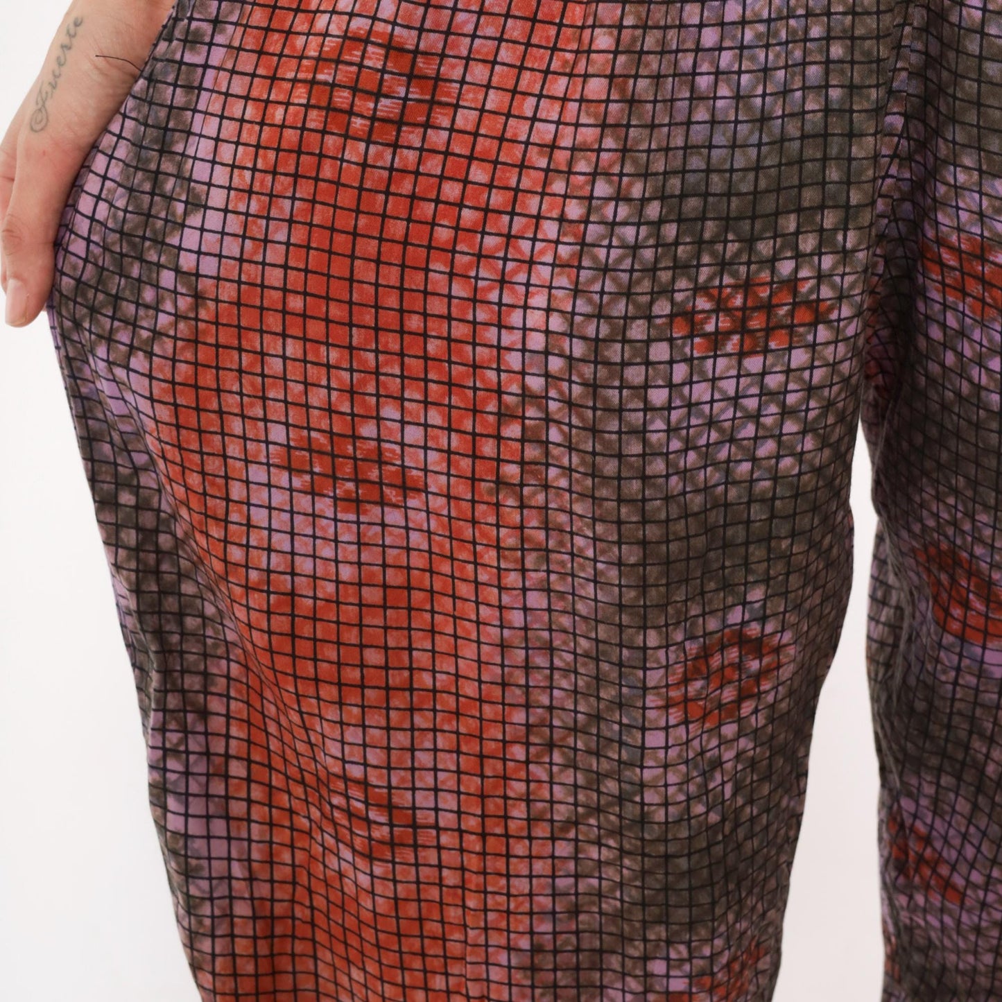 90s Tie Dye Suspender Pants Grid Print Pleated Trousers Purple Brown Medium M