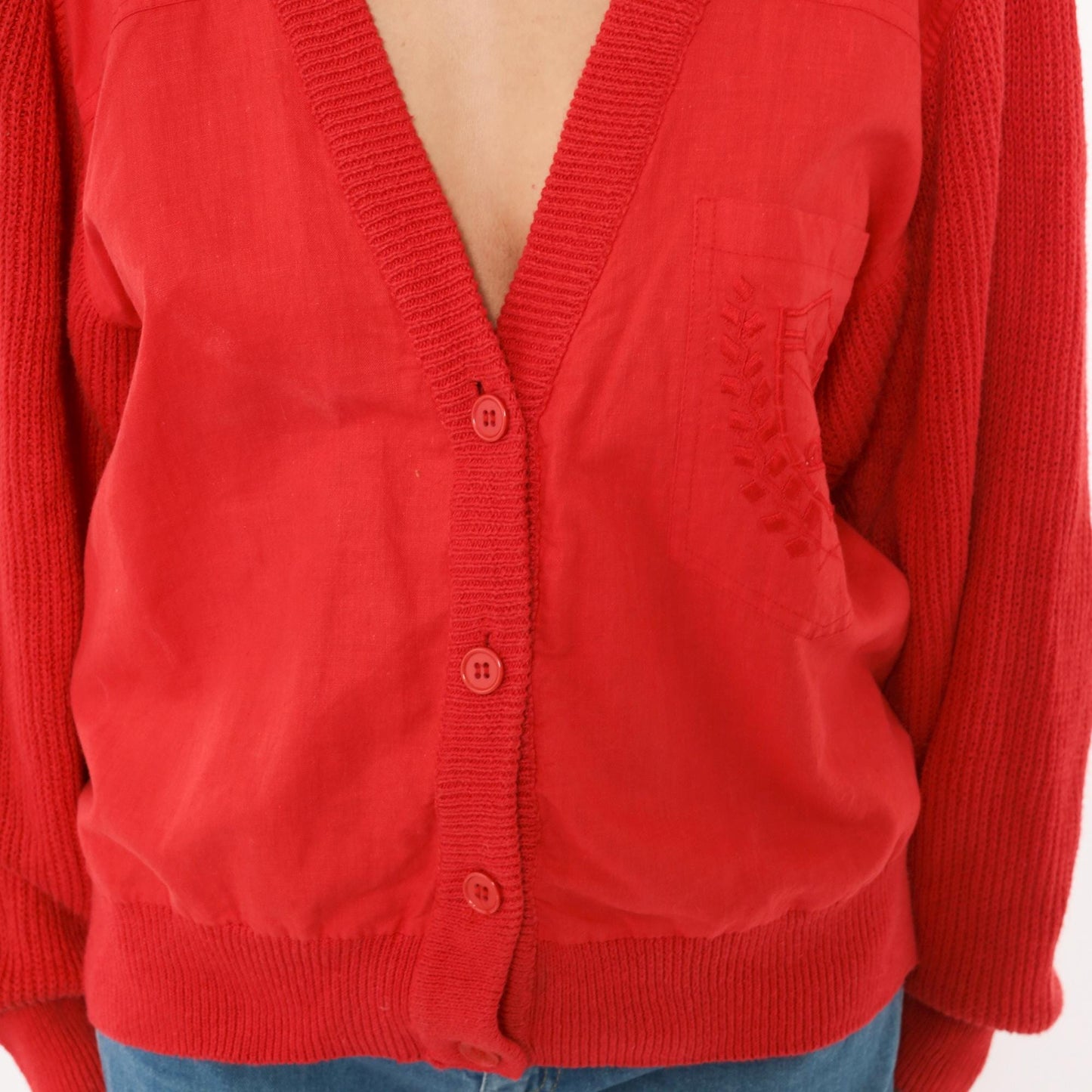 90s Shartex Red Cardigan V-Neck Button Front Knit Embroidered Crest Large L