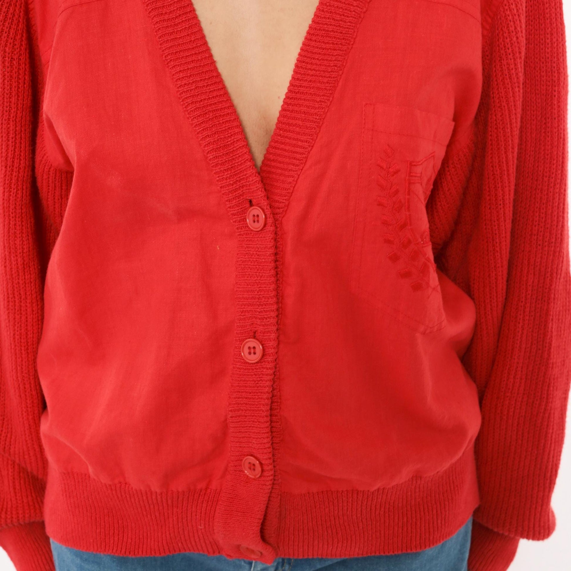 90s Shartex Red Cardigan V-Neck Button Front Knit Embroidered Crest Large L