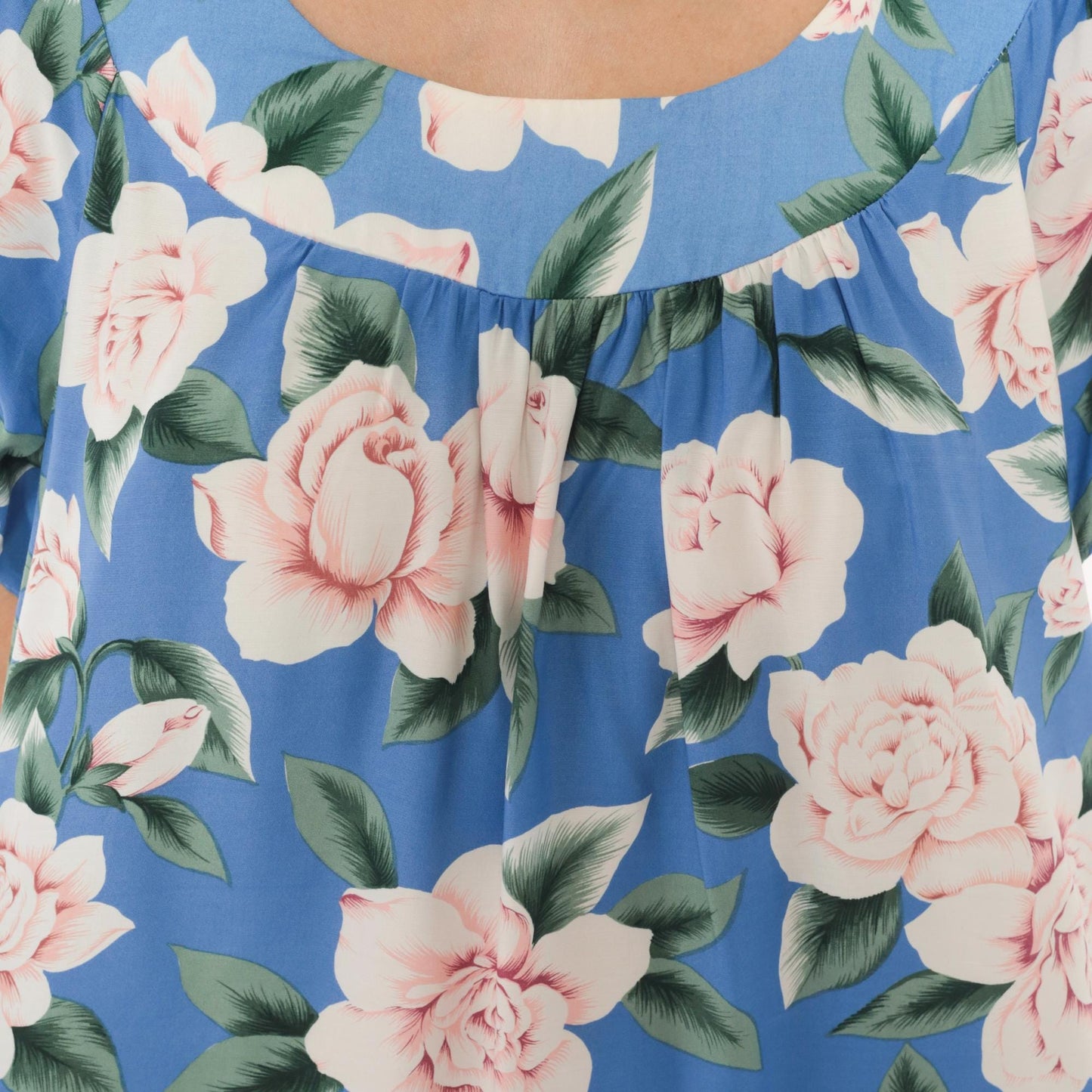 90s Paradise Bay Muumuu Midi Dress Blue Pink Rose Floral Puff Sleeve Large L