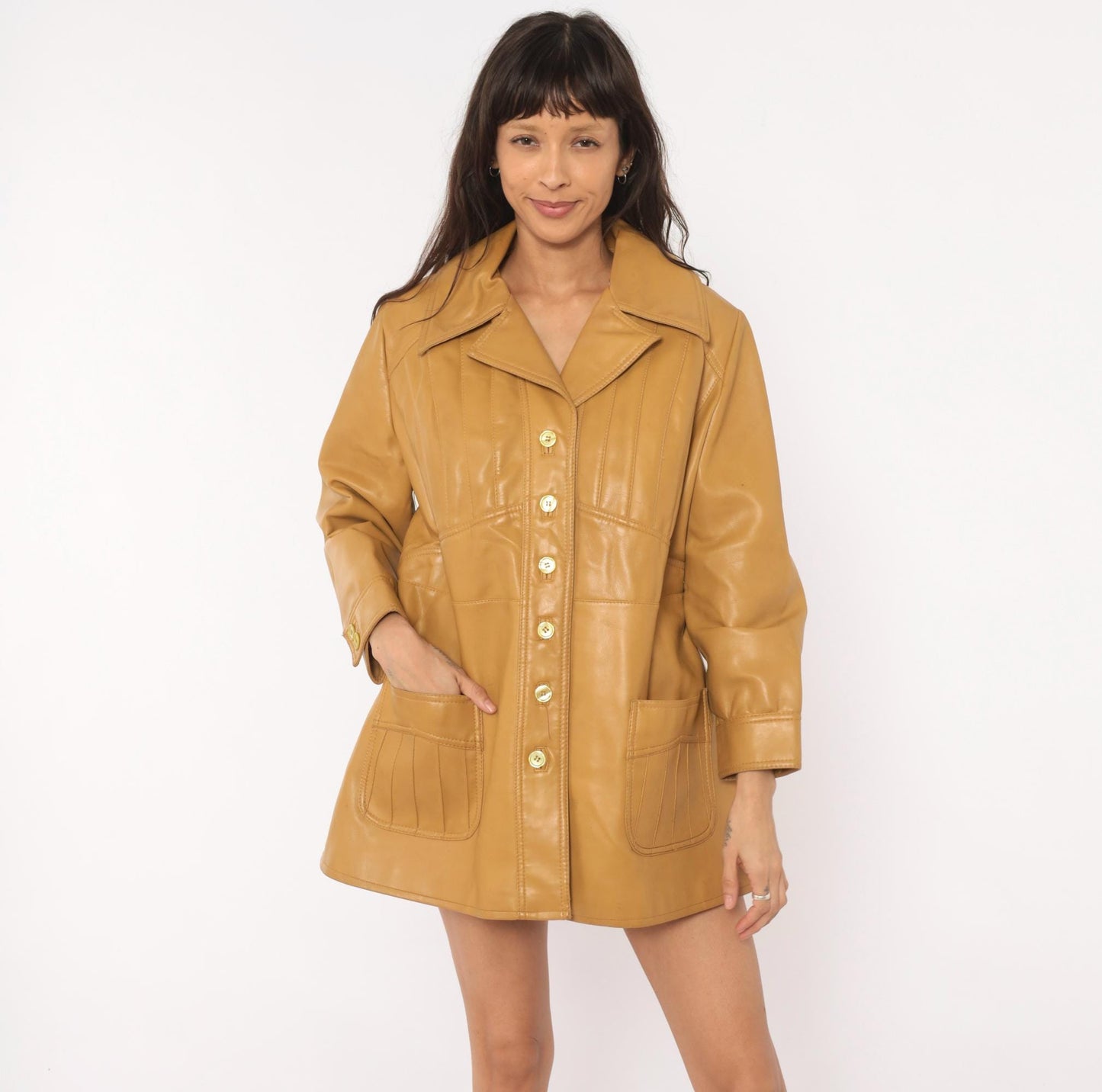 70s Mod-Maid Vinyl Coat Tan Button Front Notched Collar Mini Trench Large L