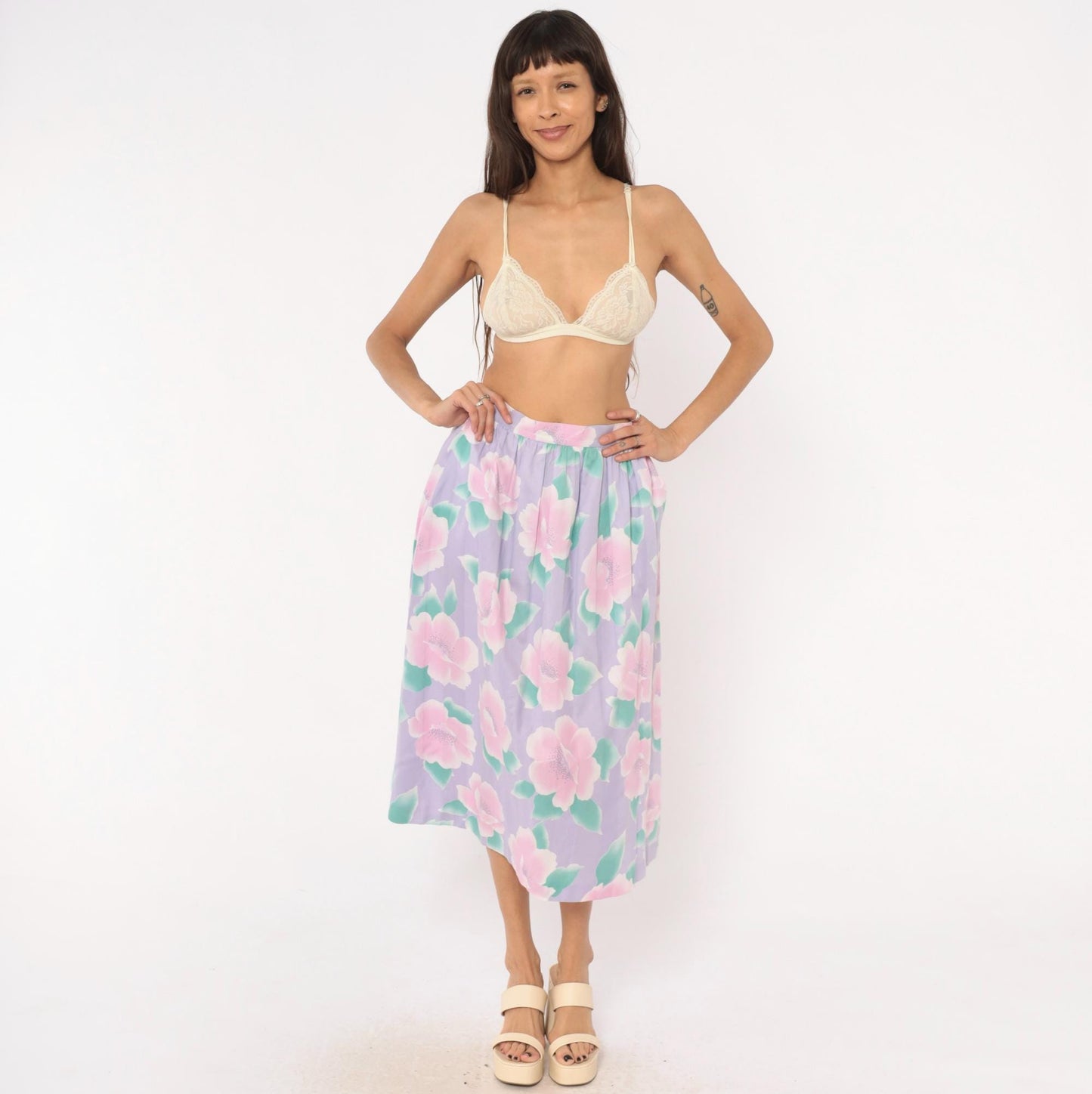 80s Prophecy Floral Midi Skirt Lavender Pink Rose Print Cotton Medium M