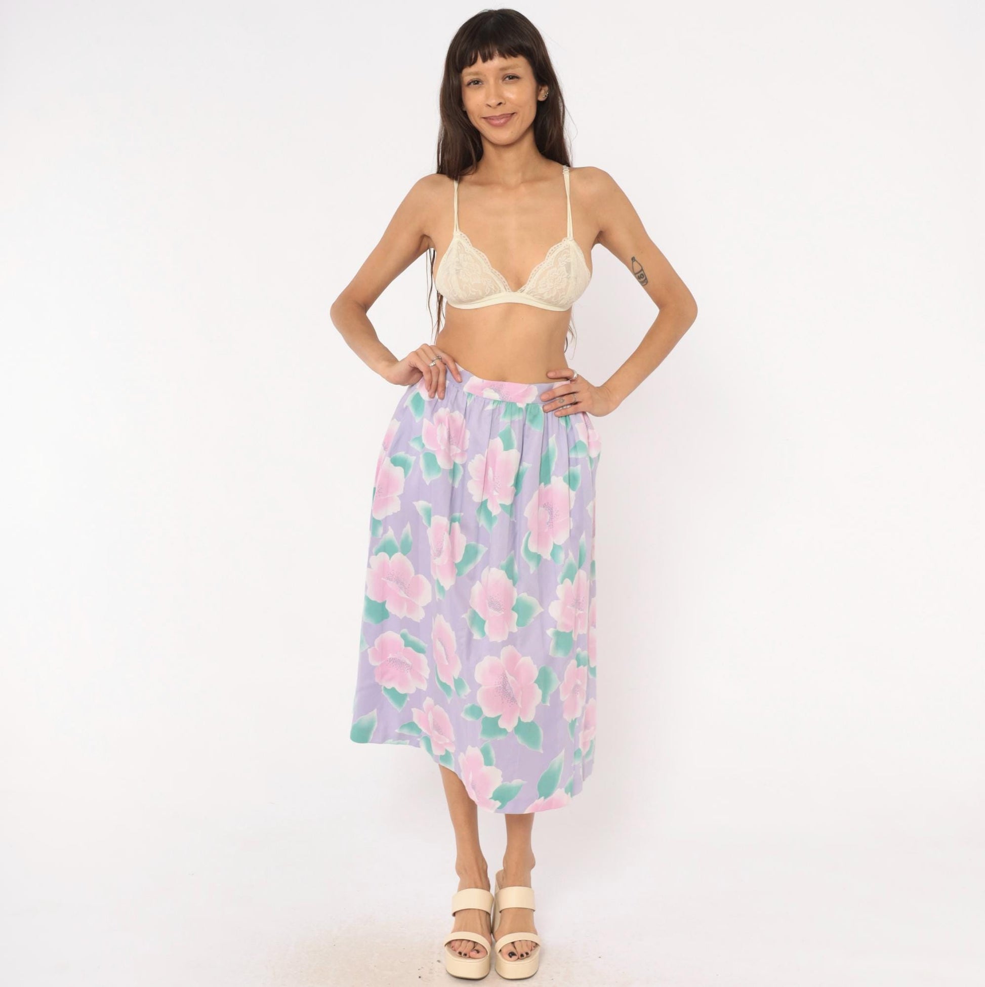80s Prophecy Floral Midi Skirt Lavender Pink Rose Print Cotton Medium M