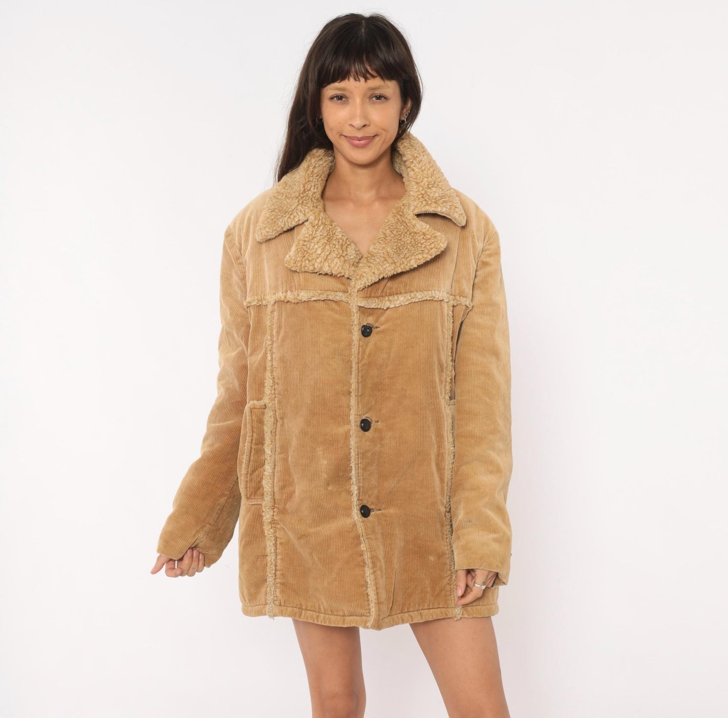 70s JCPenney Tan Corduroy Sherpa Coat Button Front Jacket Medium M
