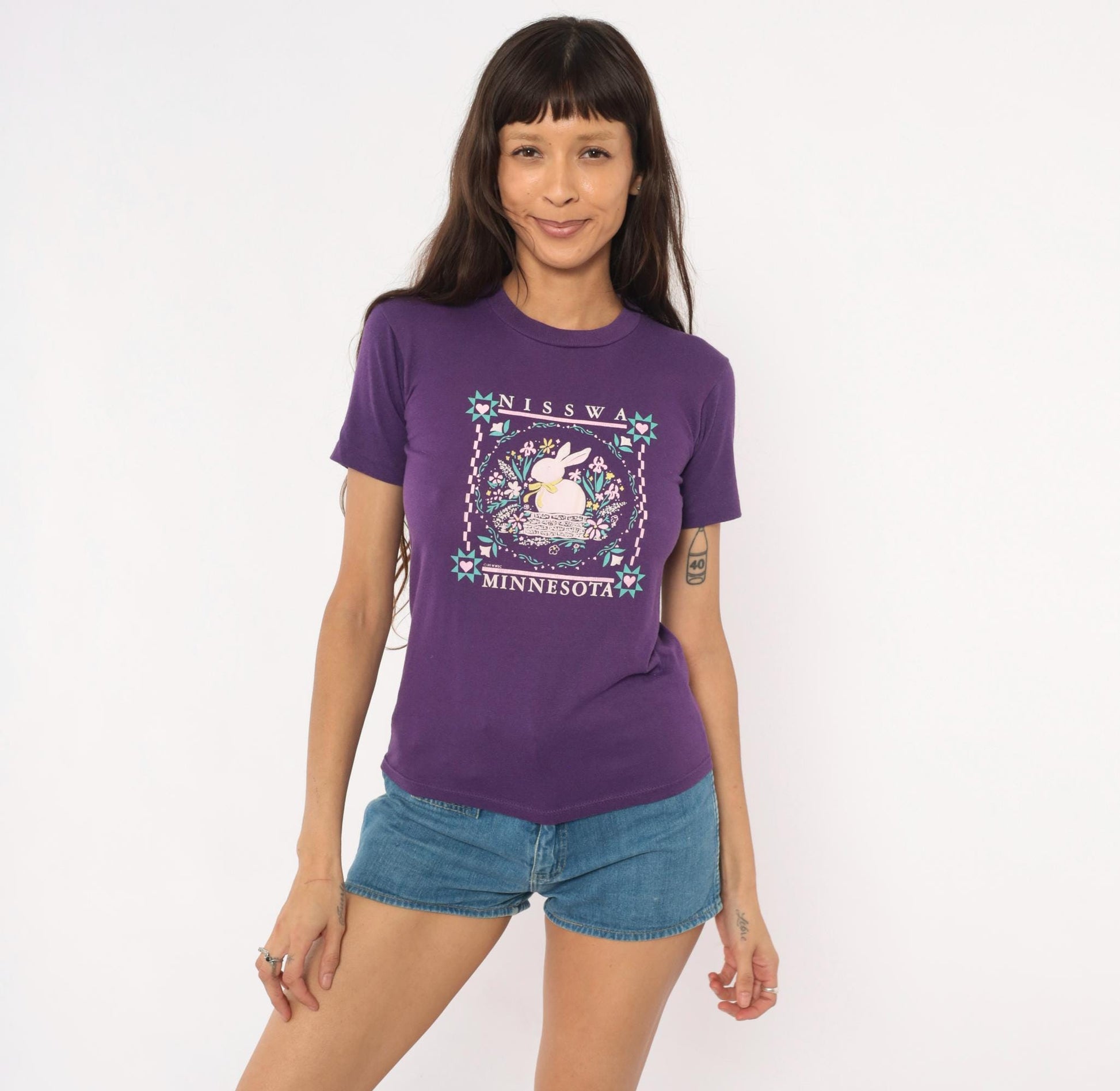 90s Nisswa Minnesota Bunny Graphic Tee Purple Cotton Jerzees Extra Small