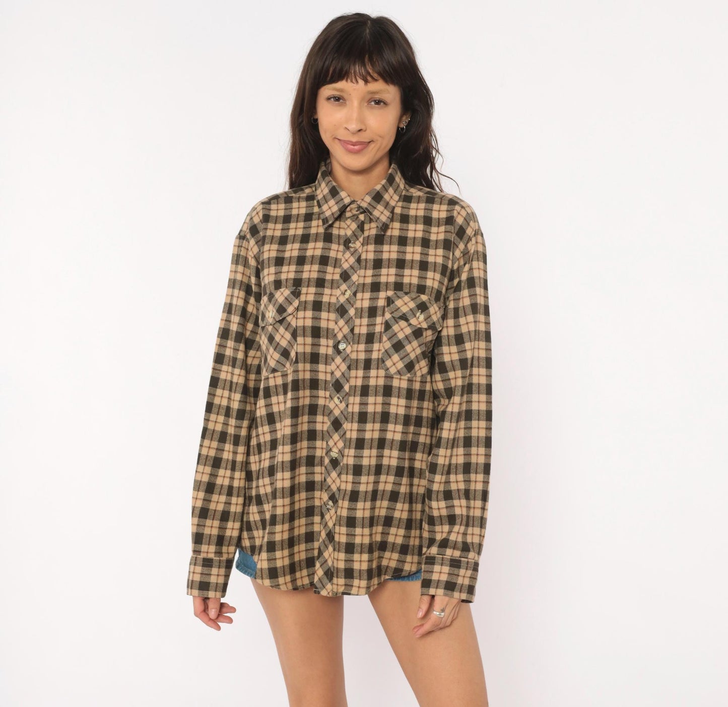 80s High Sierra Plaid Flannel Shirt Tan Brown Check Large L