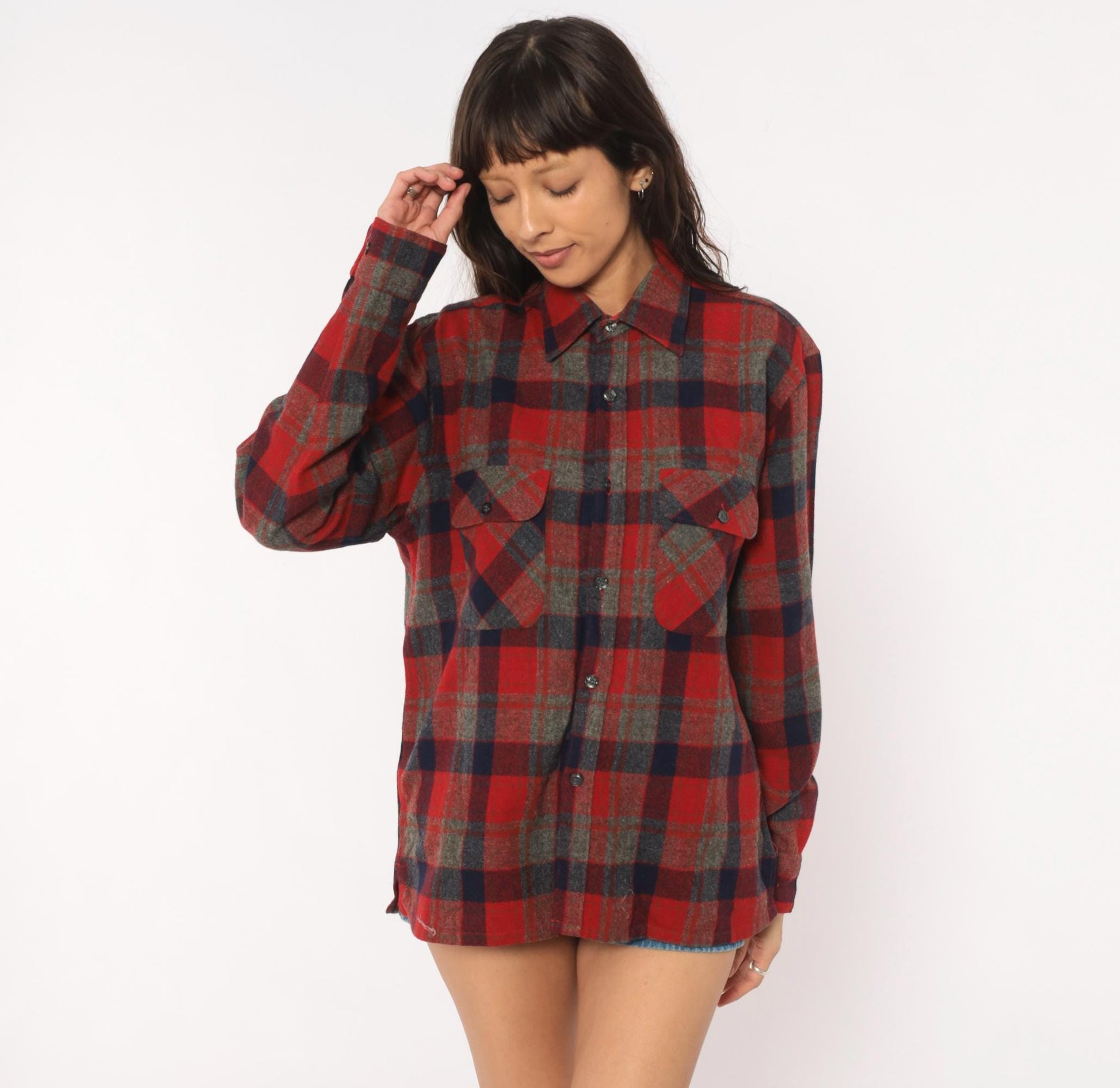 80s Woodland Wool Flannel Shirt Red Navy Grey Plaid Button-Up Small