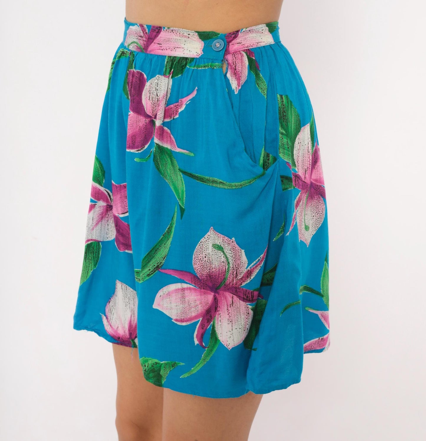 90s Profiles Tropical Floral Shorts Teal Orchid High Waist Wide Leg Small