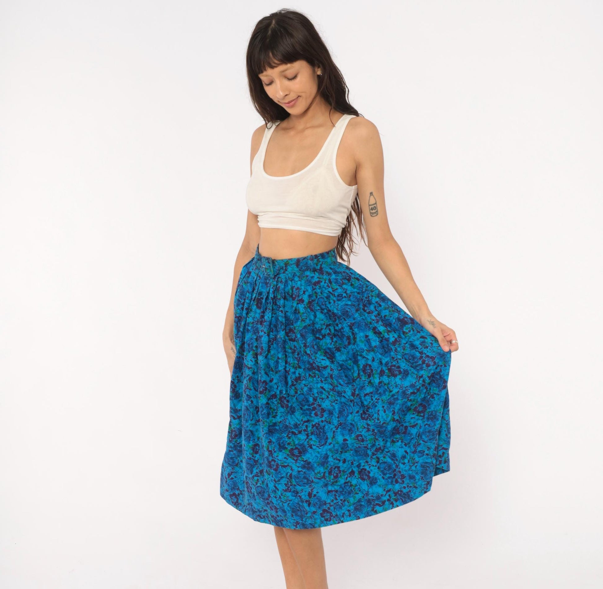 60s Batik Floral Pleated Skirt Cobalt Blue Purple Cotton High Waist Extra Small XS