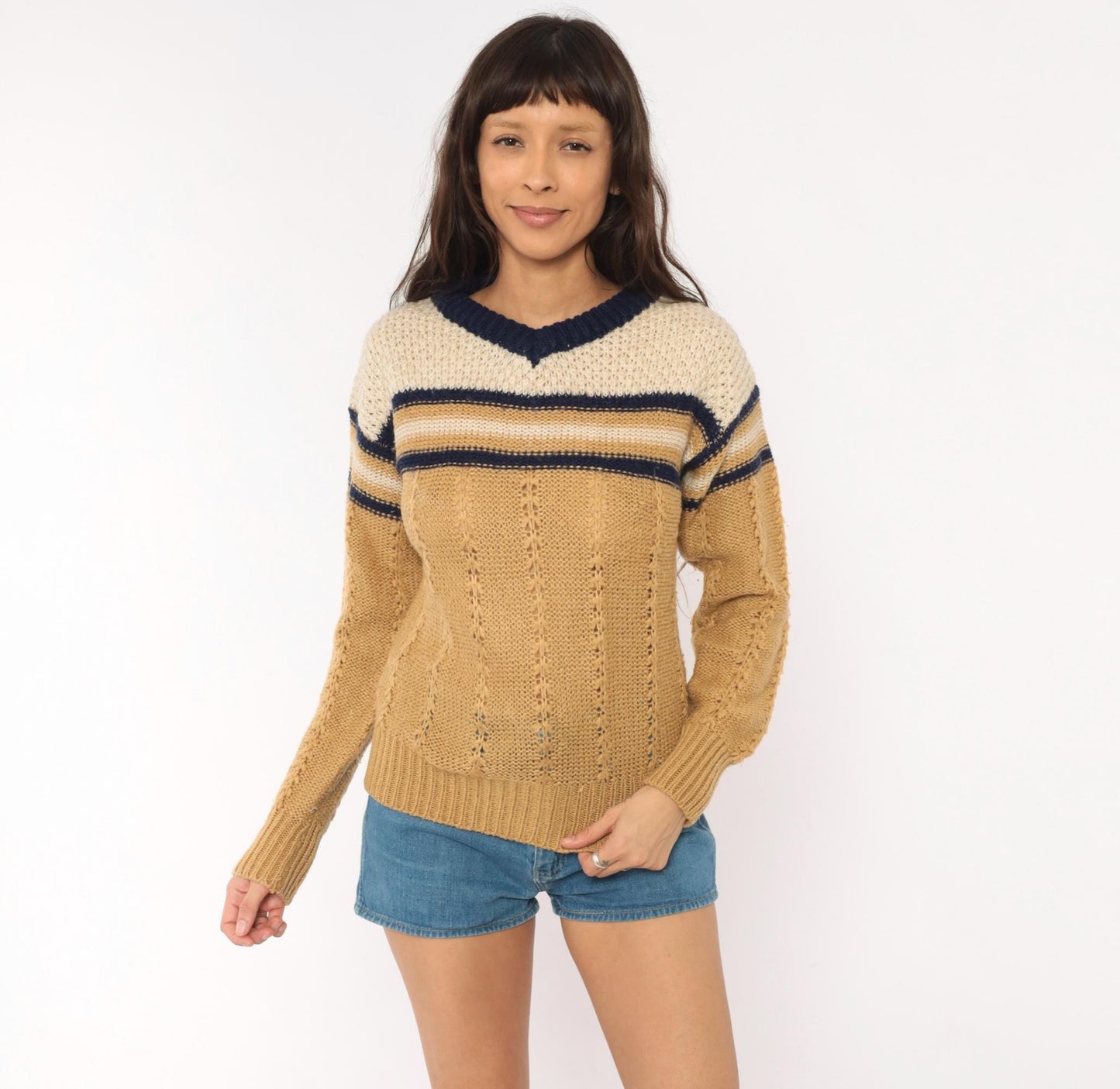 70s Fully Fashioned Cable Knit V-Neck Sweater Tan Navy Cream Striped Small