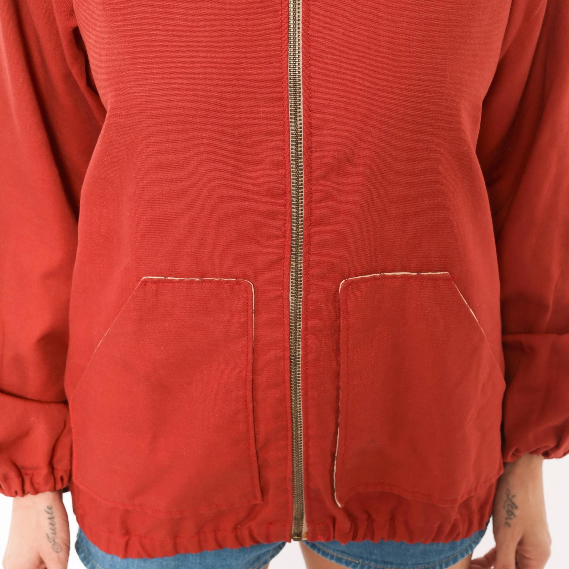 70s Rust Bomber Jacket Cotton Plaid Lined Stand Collar Zip Front Medium