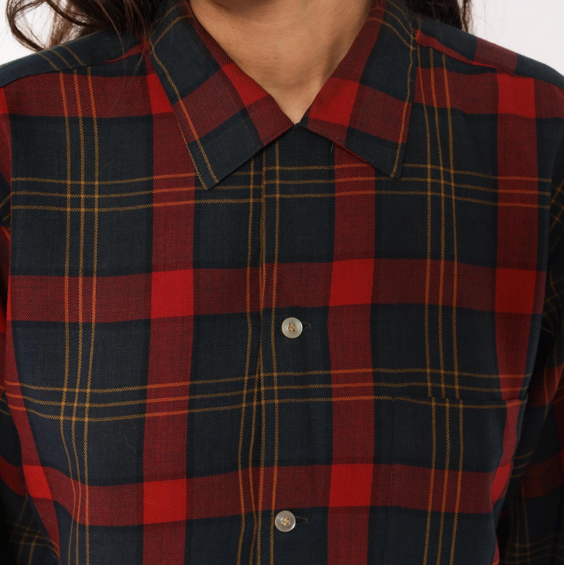 60s Arrow Plaid Wool Shirt Burgundy Navy Pointed Collar Button-Up Medium