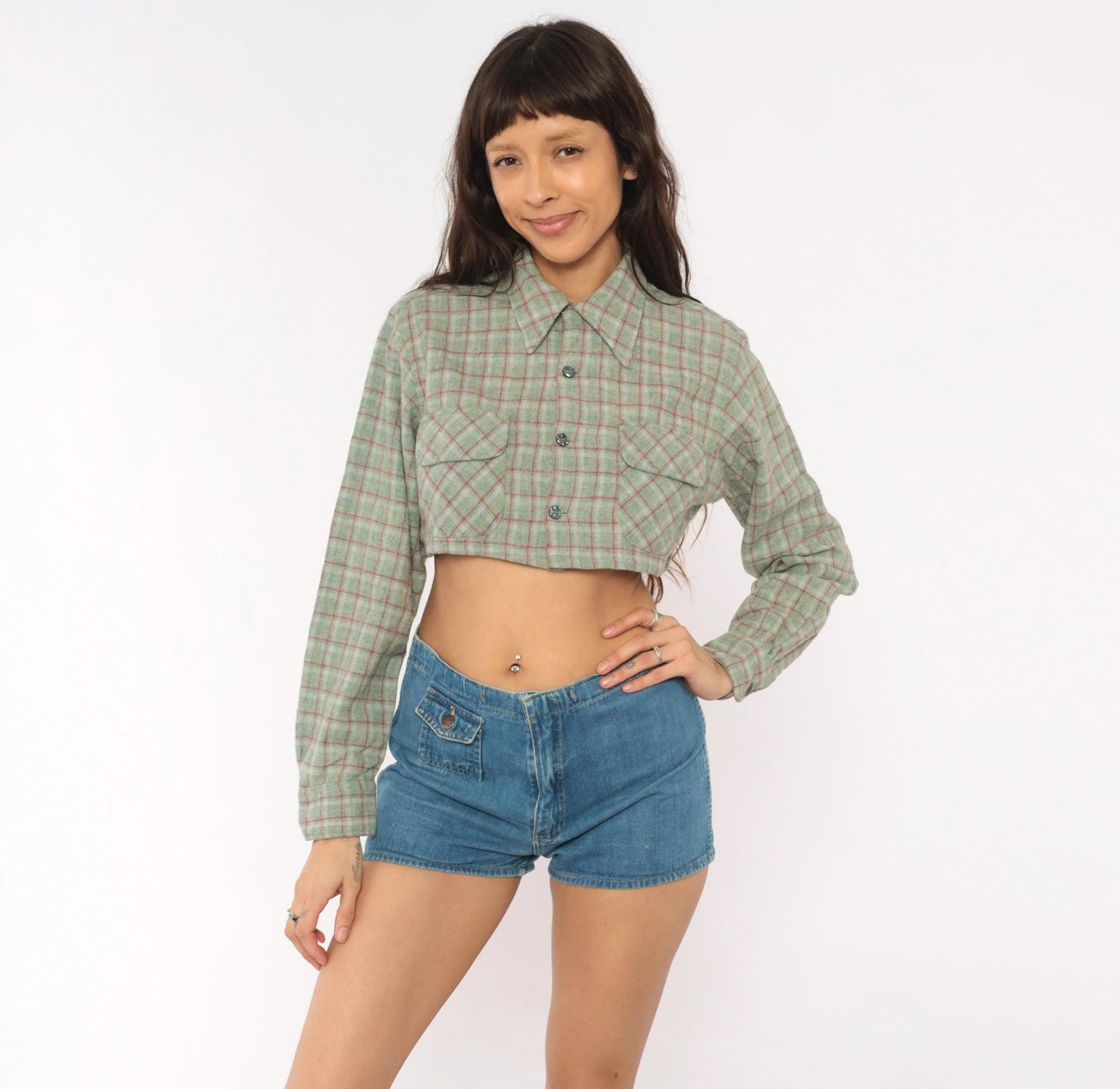 60s Towncraft Cropped Plaid Wool Shirt Sage Green Red Windowpane Medium