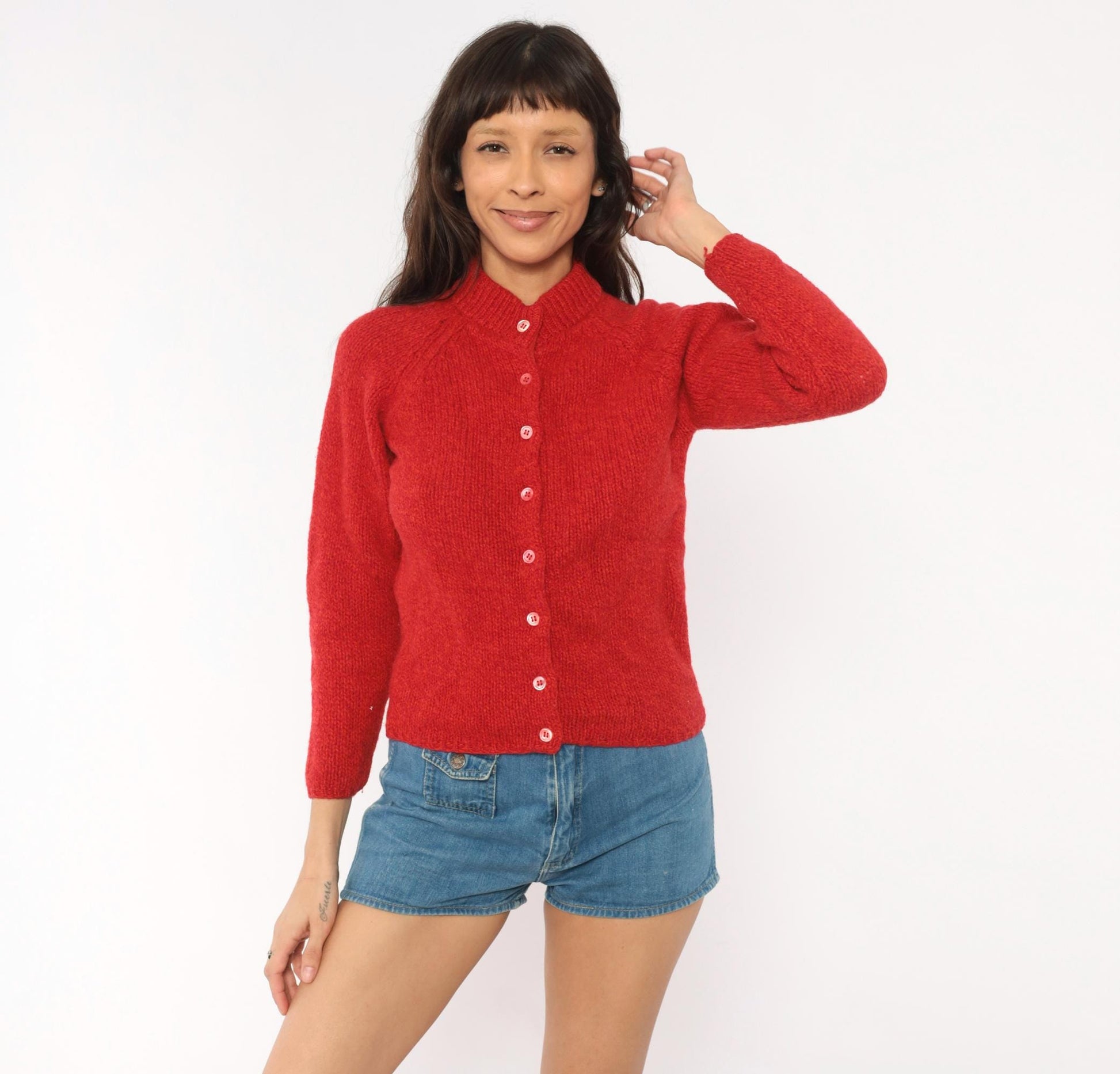 70s Bernhard Altmann Red Shetland Wool Cardigan Mock Neck Extra Small XS