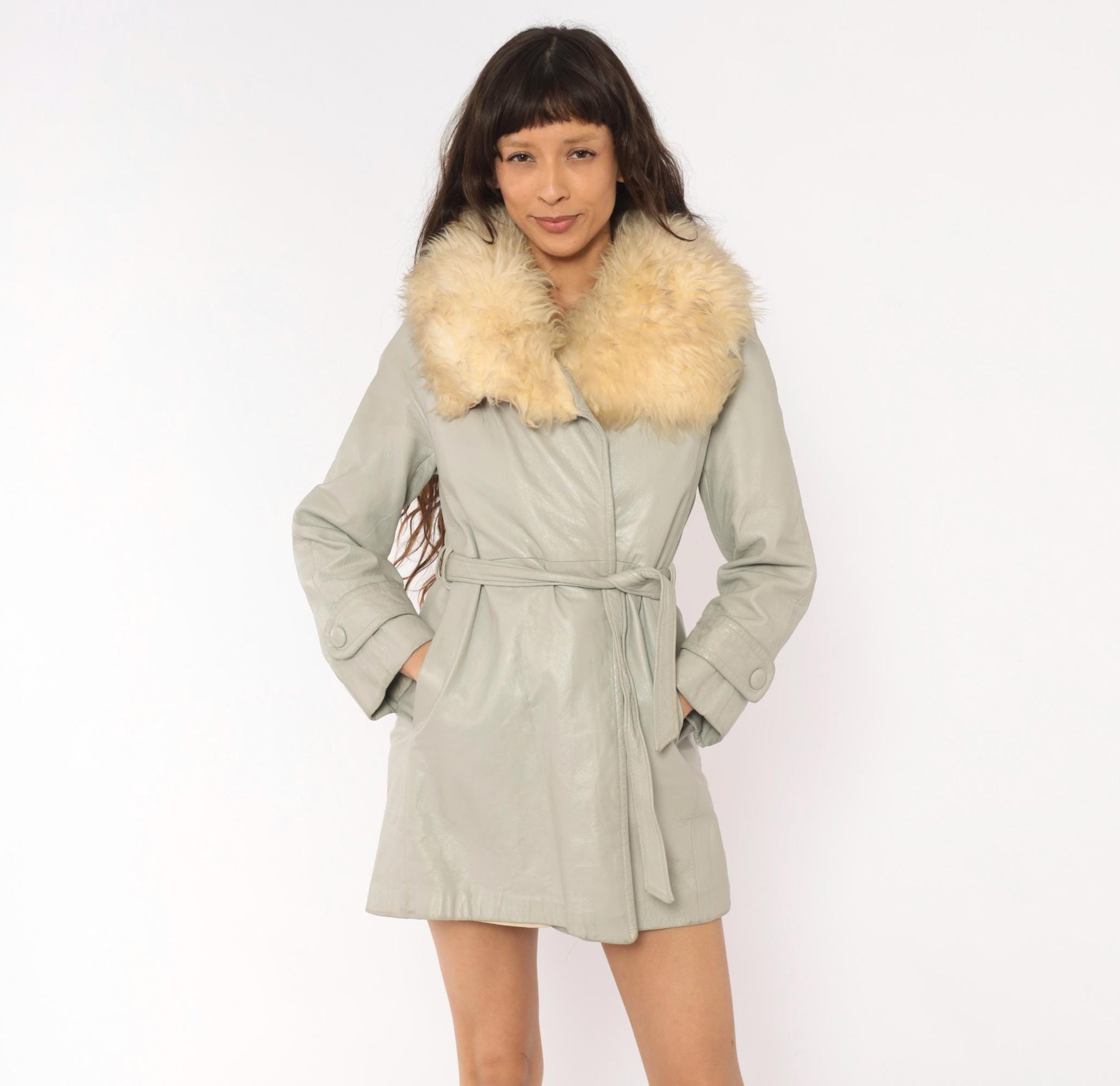 70s Grey Leather Coat Cream Fur Collar Belted Mini Jacket Small S