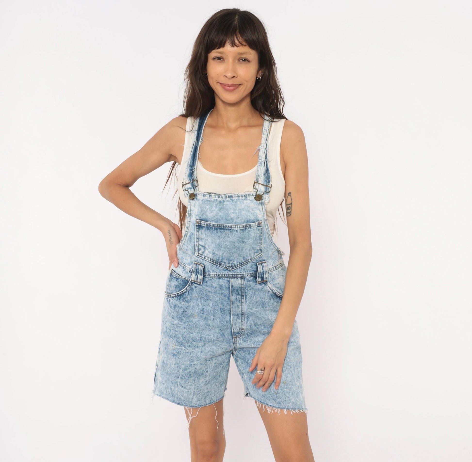90s Weathered Blues Acid Wash Denim Shortalls Light Blue Cotton Small S