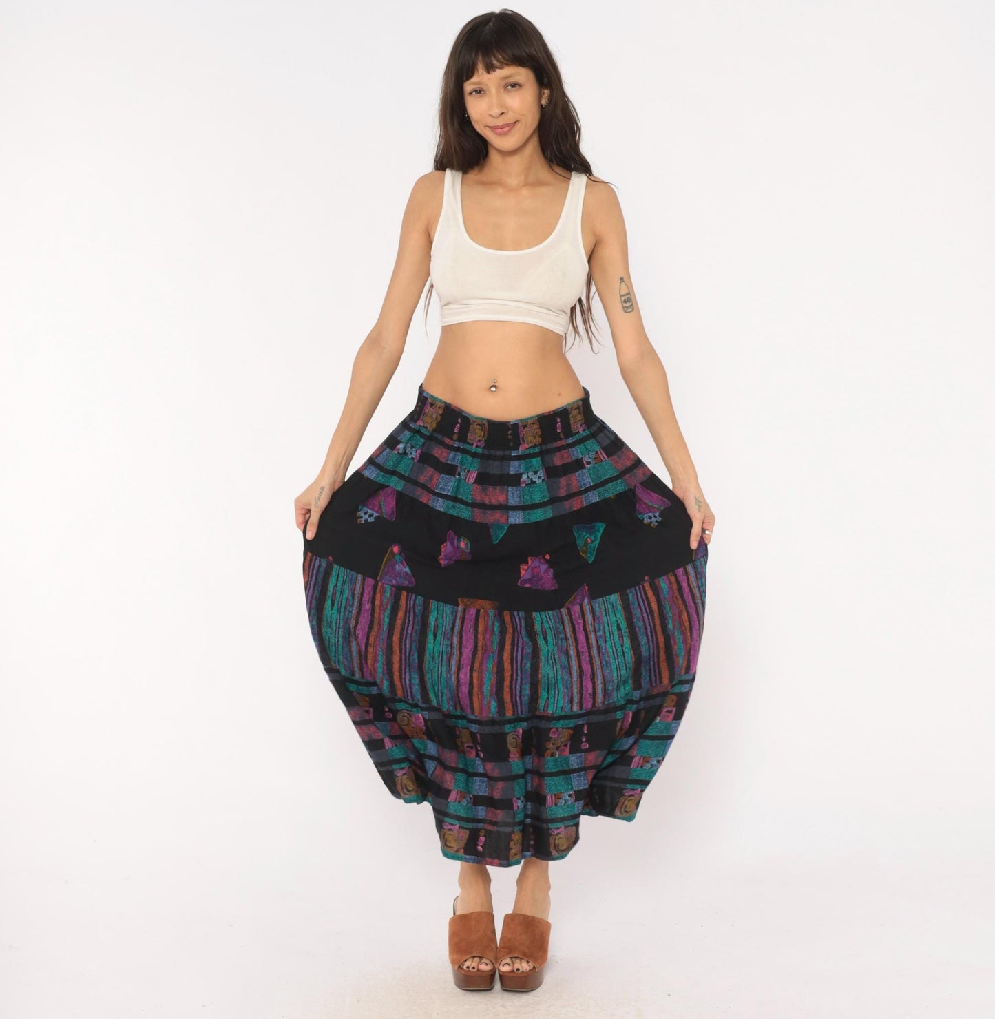 90s Adrian Jordan Tiered Maxi Skirt Black Teal Purple Geometric Plus Size XXL