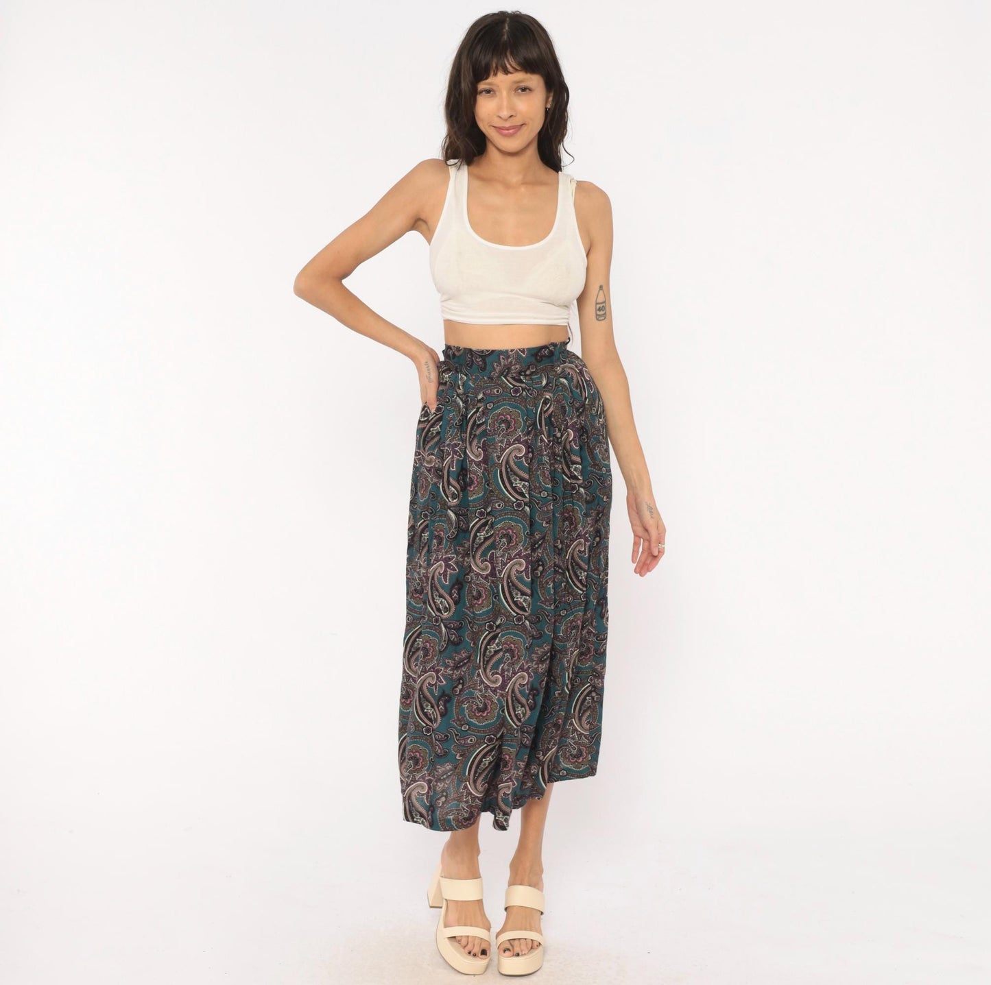 90s Words Paisley Pleated Midi Skirt Teal Pink Olive Extra Small XS