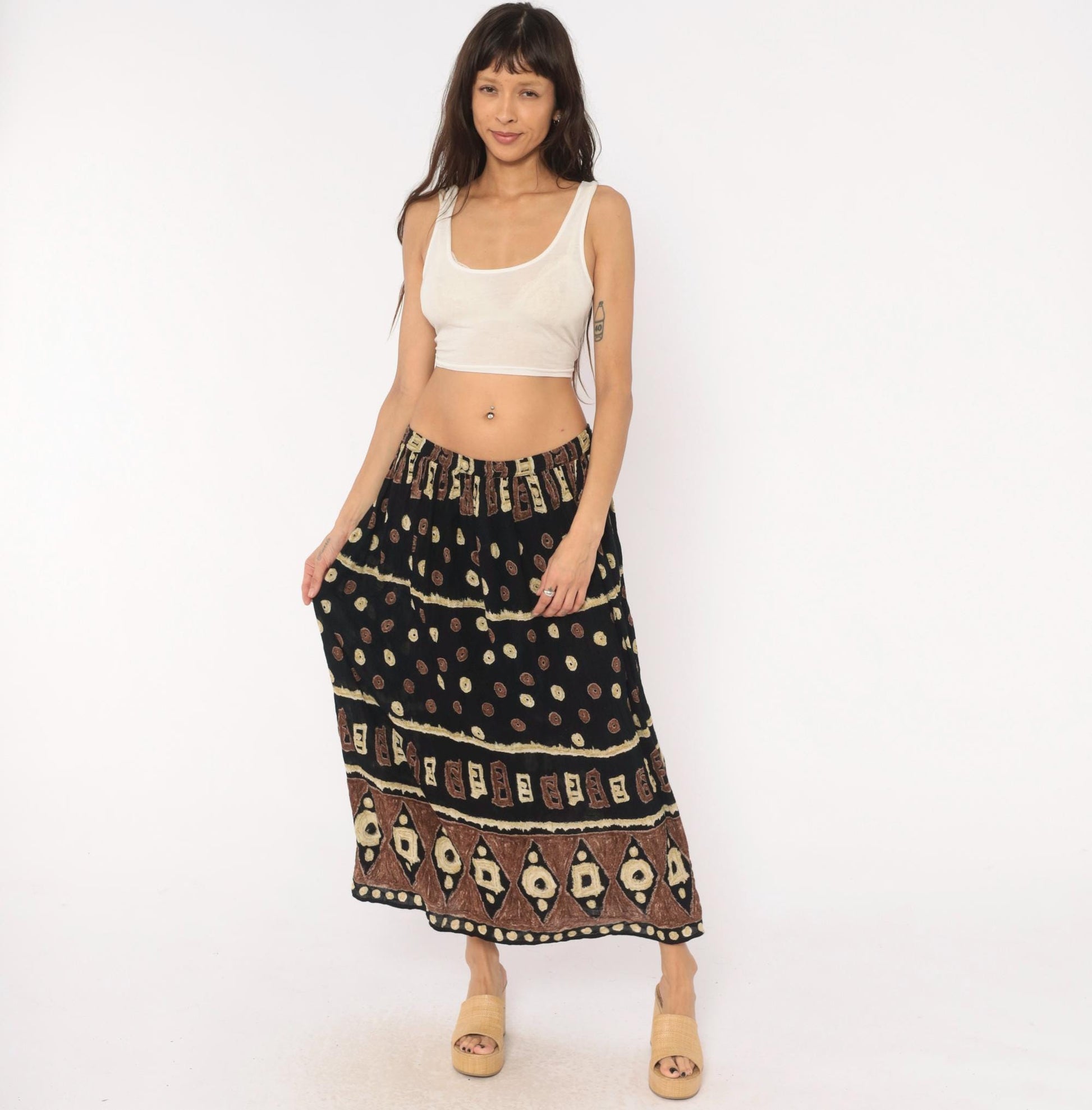90s Bila Maxi Skirt Black Brown Batik Tribal Geometric Print Extra Large