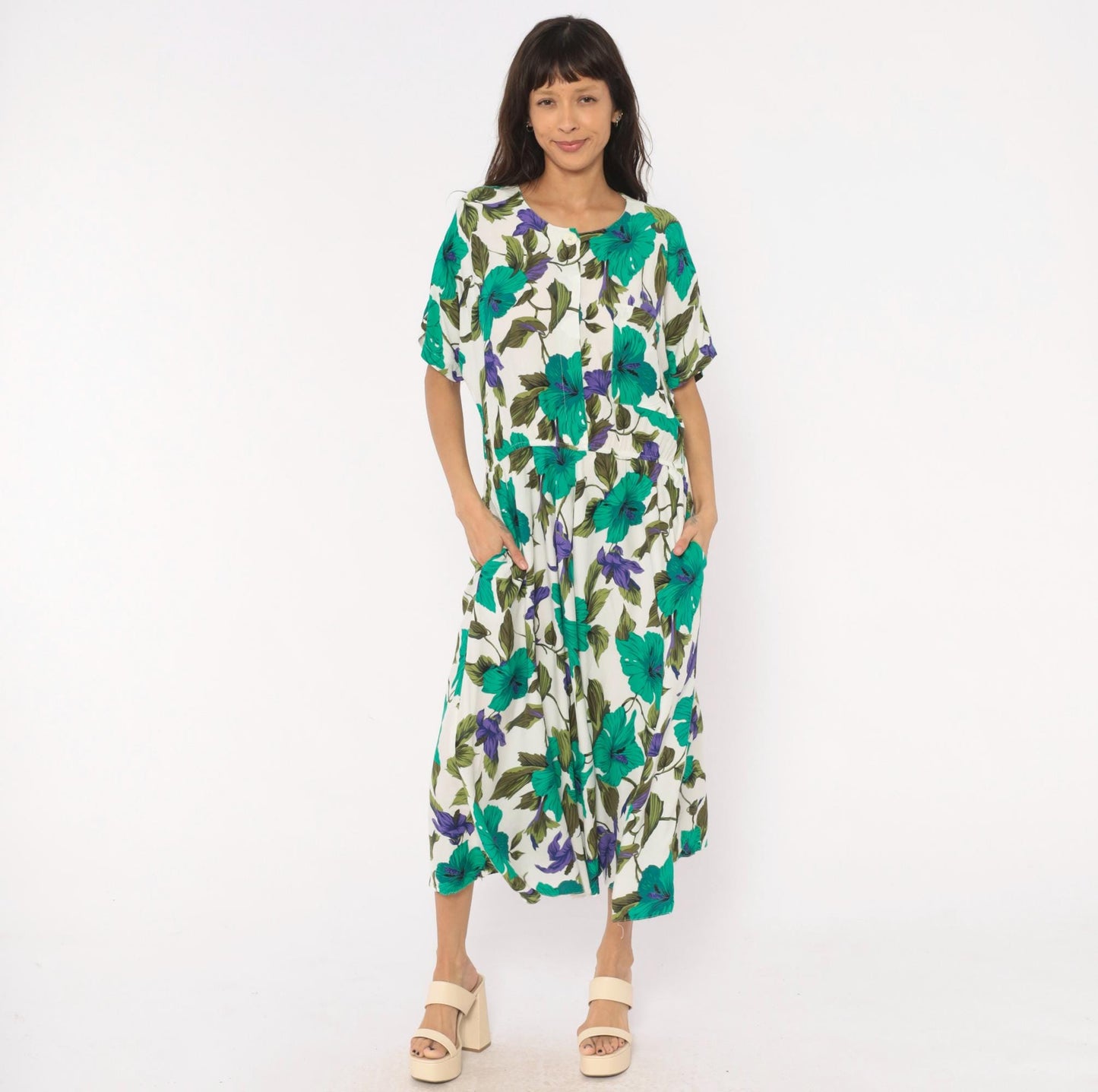 80s Tropical Hibiscus Midi Dress Teal Purple Floral Button Front Large L