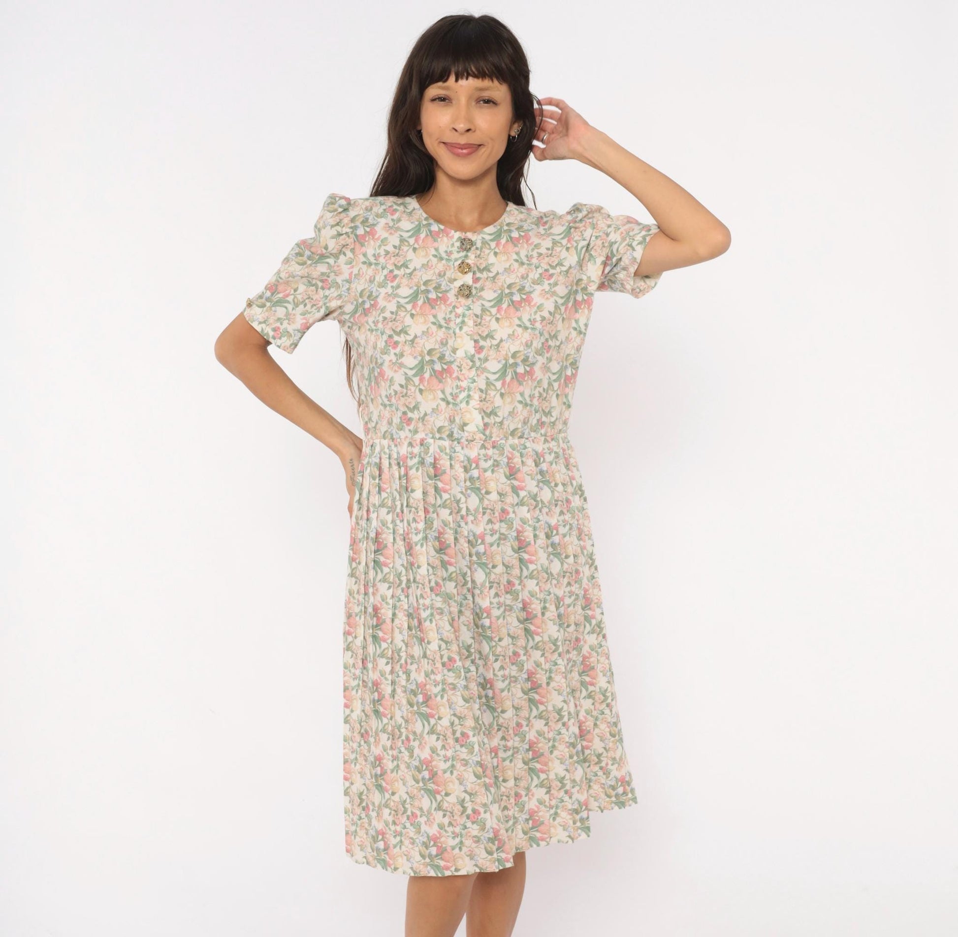 80s Jenny Petites Floral Puff Sleeve Dress Cream Pink Sage Small