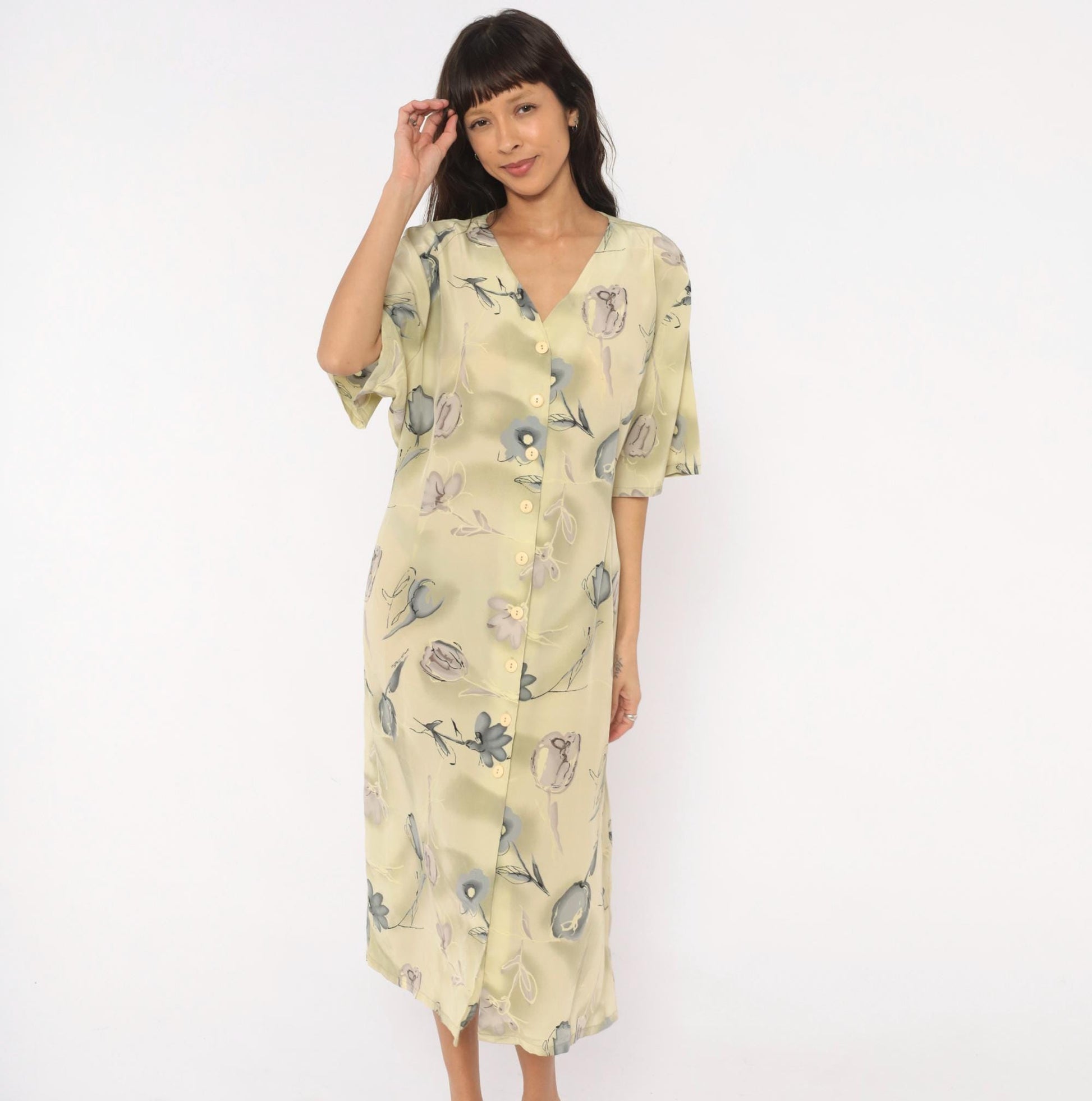 90s Voir Floral Button Front Midi Dress Olive Watercolor Print Plus Size XXL