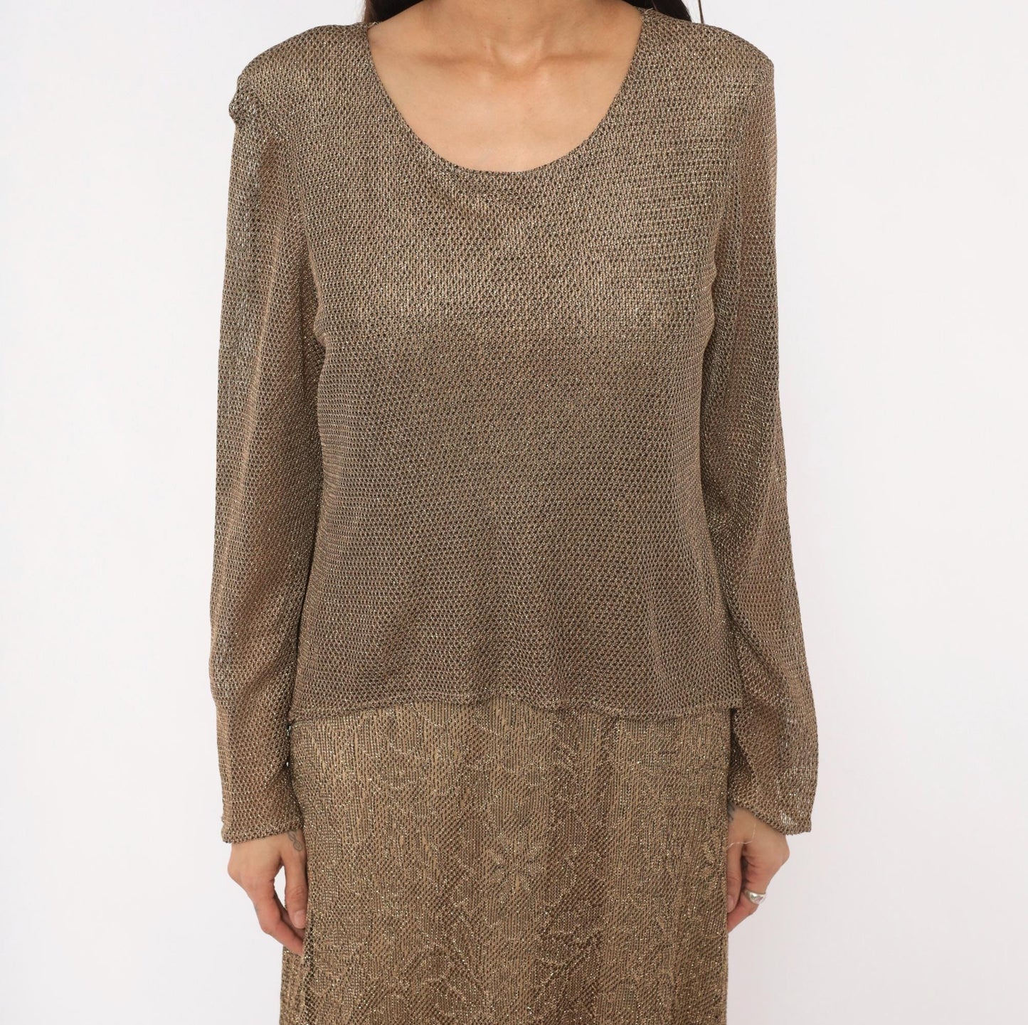 90s Onyx Nite Bronze Metallic Floral Lace Maxi Dress Long Sleeve Large L