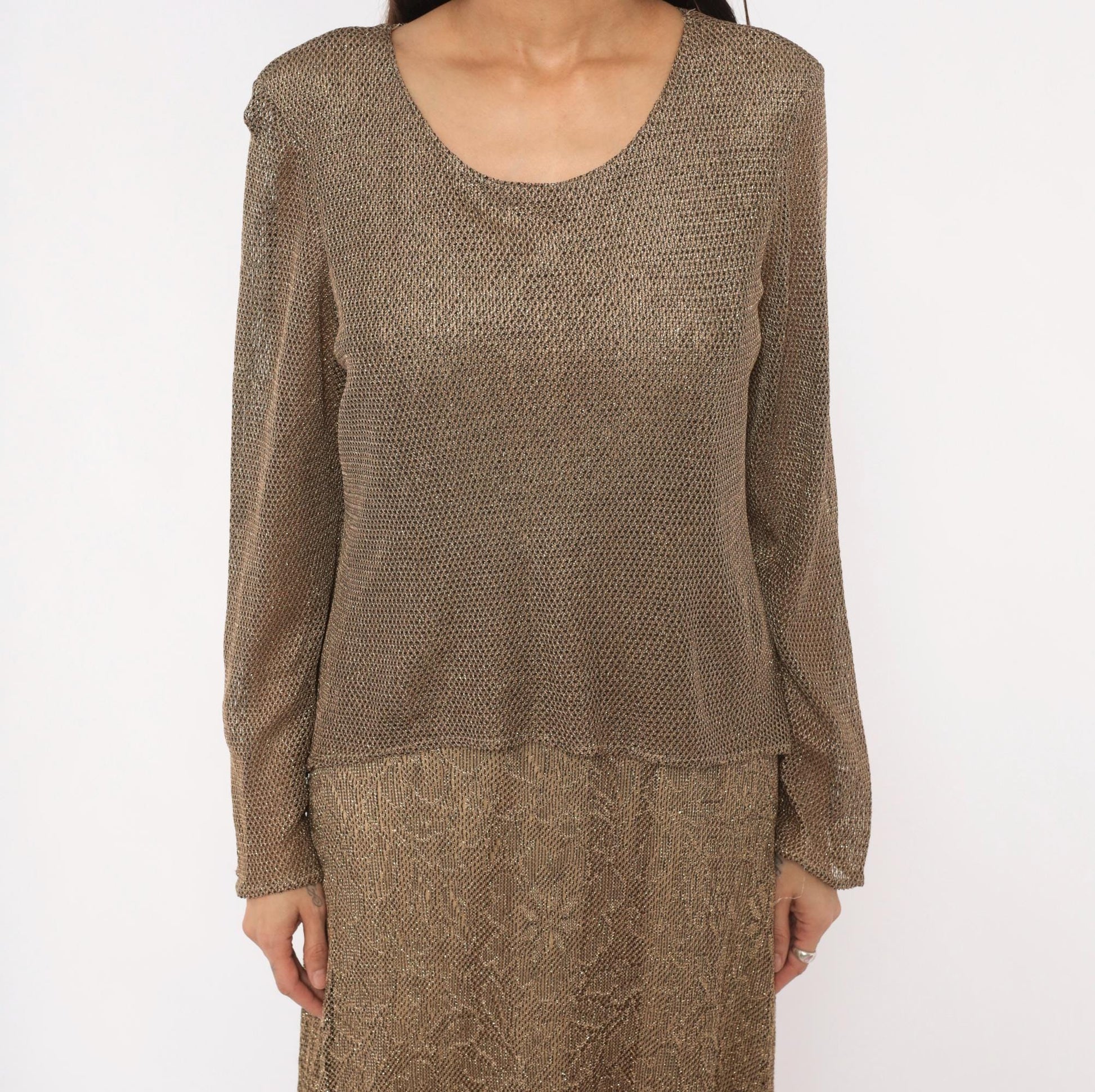 90s Onyx Nite Bronze Metallic Floral Lace Maxi Dress Long Sleeve Large L